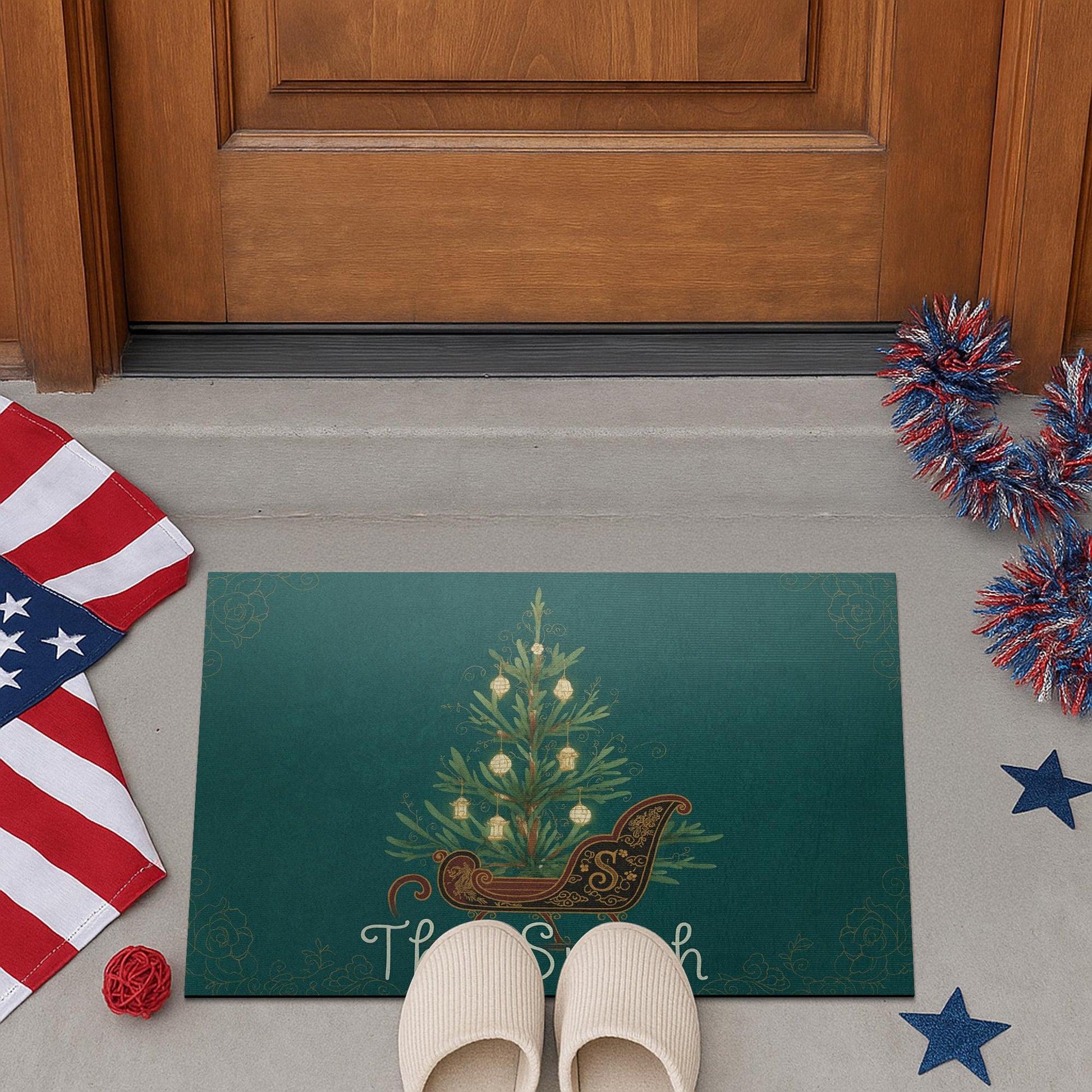 Personalized Christmas Doormat – Holiday Entry Rug with Family Name