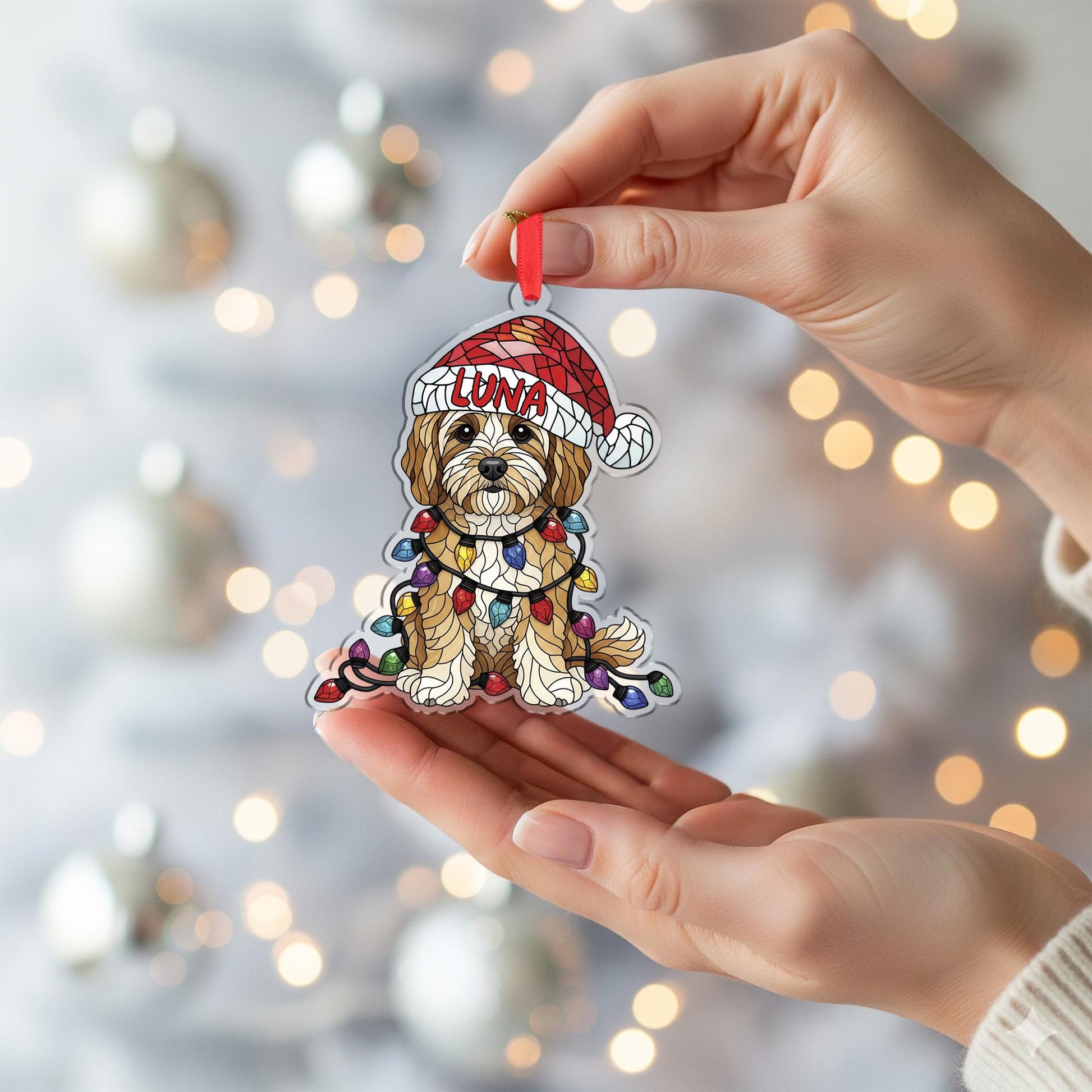 Cavapoo Christmas Ornament – Personalized Dog Decoration with Santa Hat & Lights