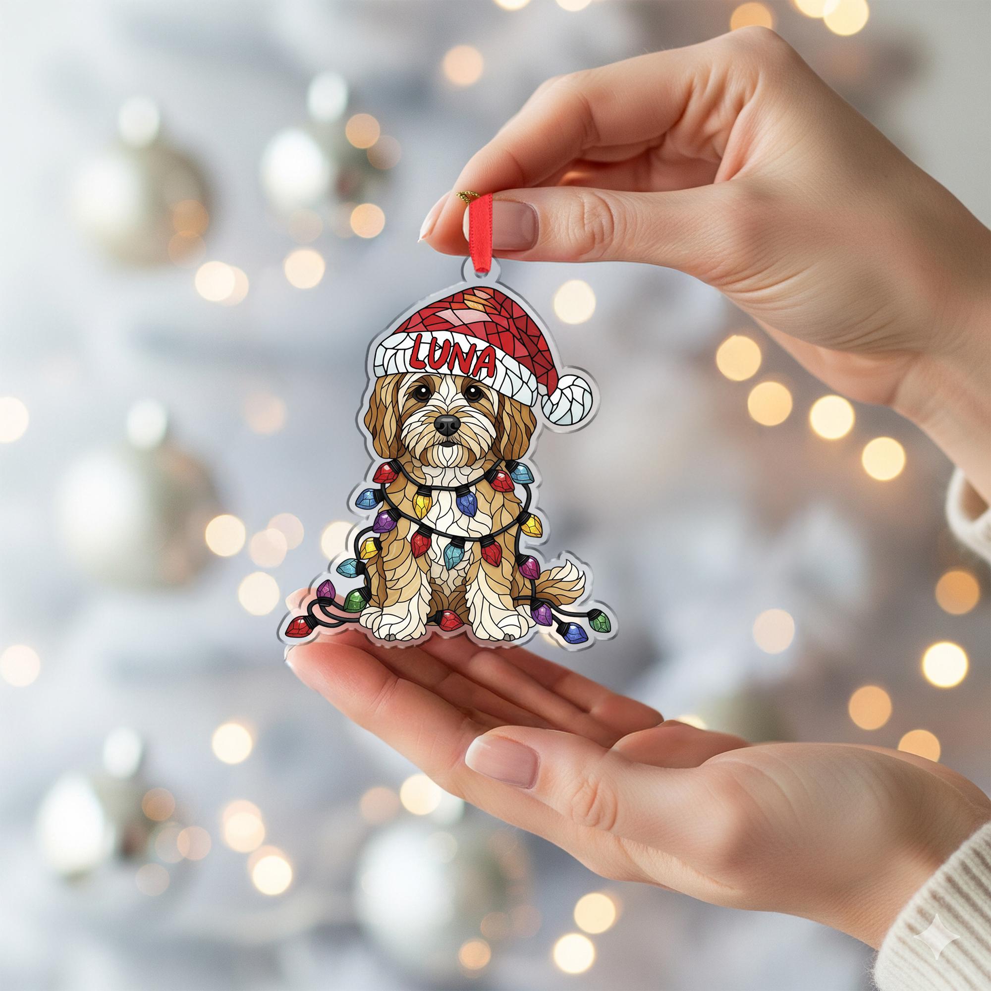 Cavapoo Christmas Ornament – Personalized Dog Decoration with Santa Hat & Lights