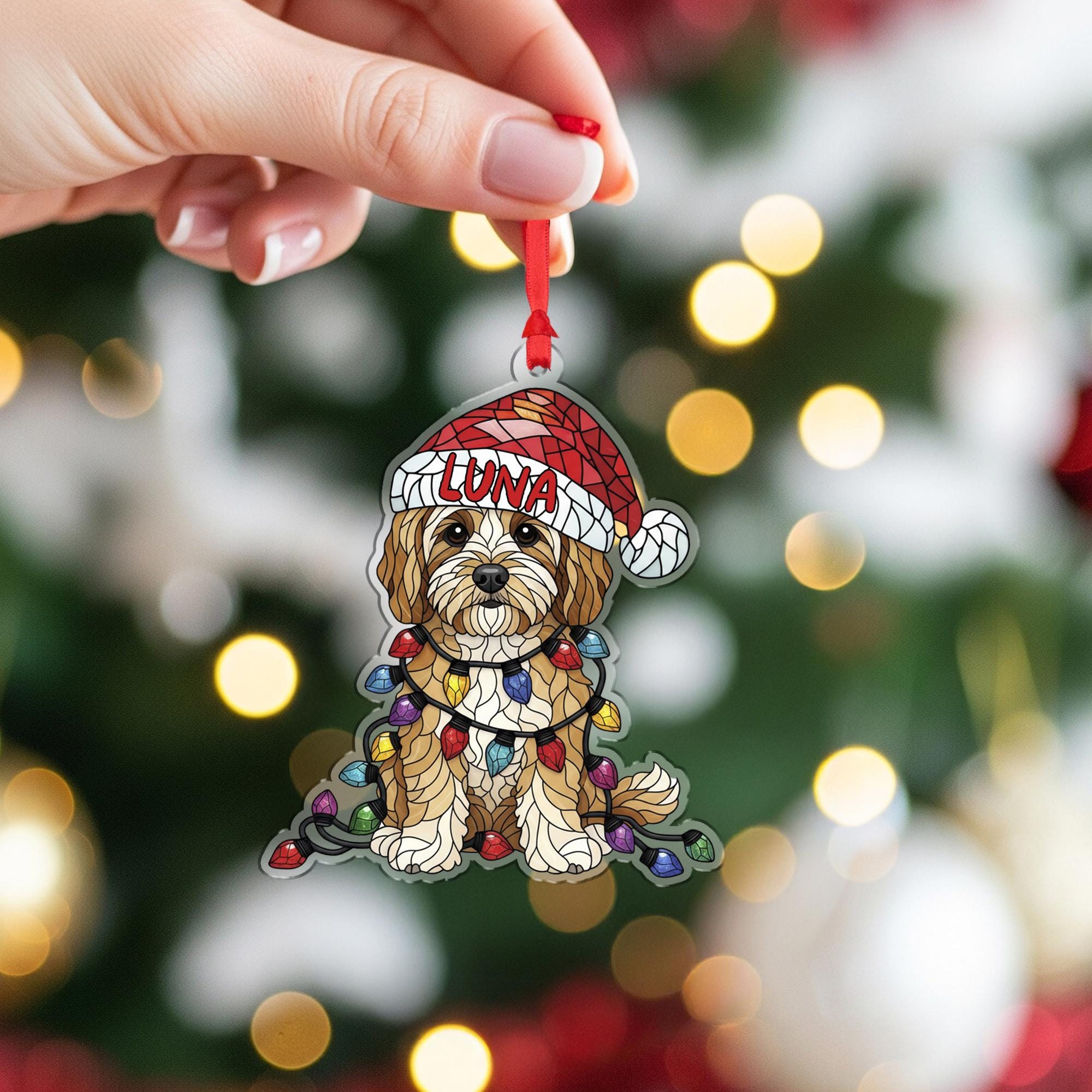 Cavapoo Christmas Ornament – Personalized Dog Decoration with Santa Hat & Lights