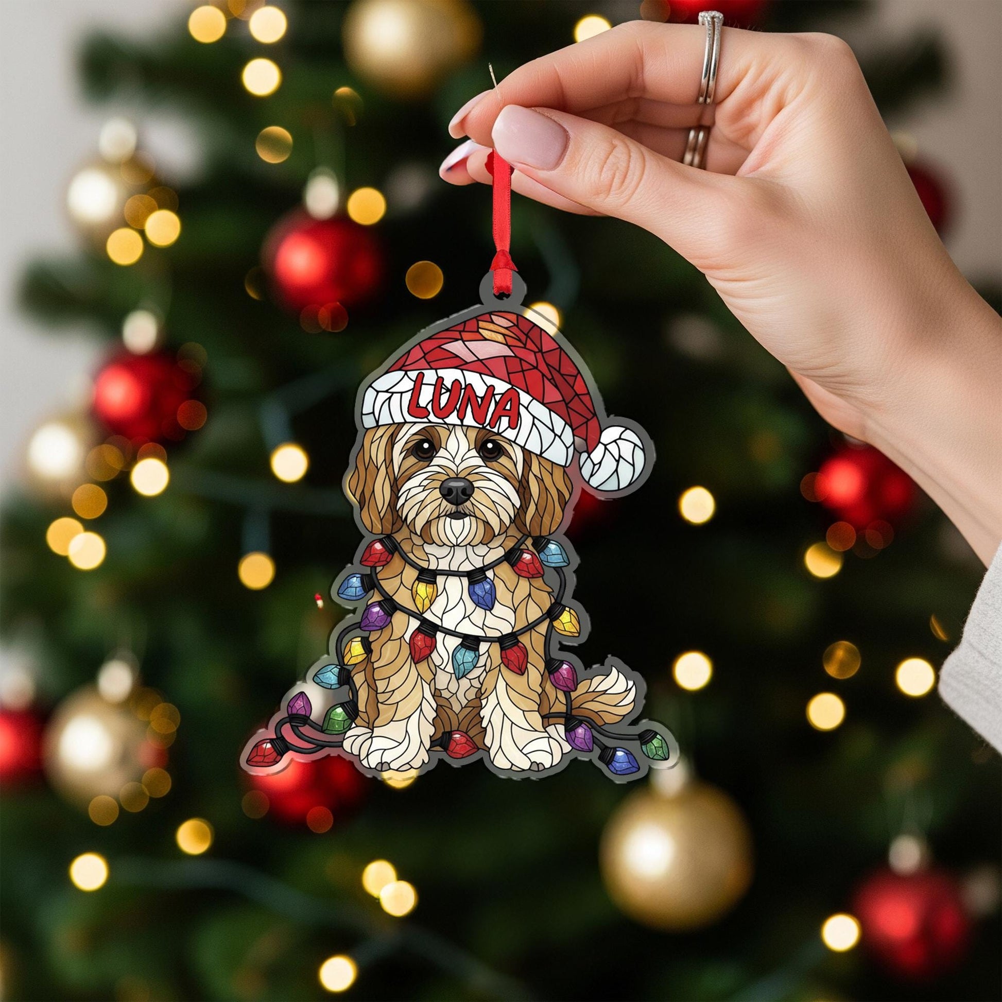 Cavapoo Christmas Ornament – Personalized Dog Decoration with Santa Hat & Lights