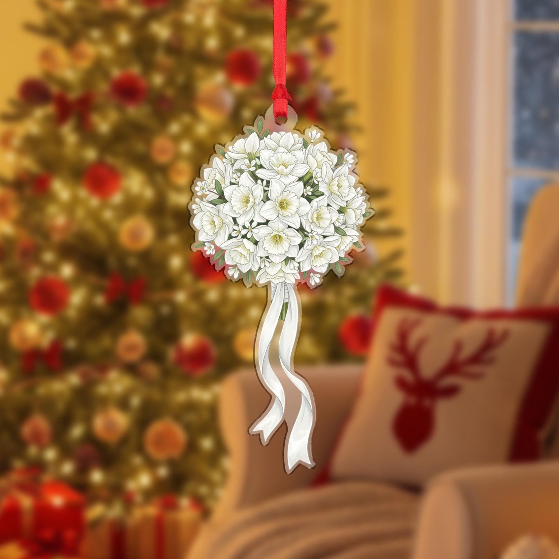 Narcissus Bouquet Christmas Ornament – White Flowers with Ribbon Holiday Decoration