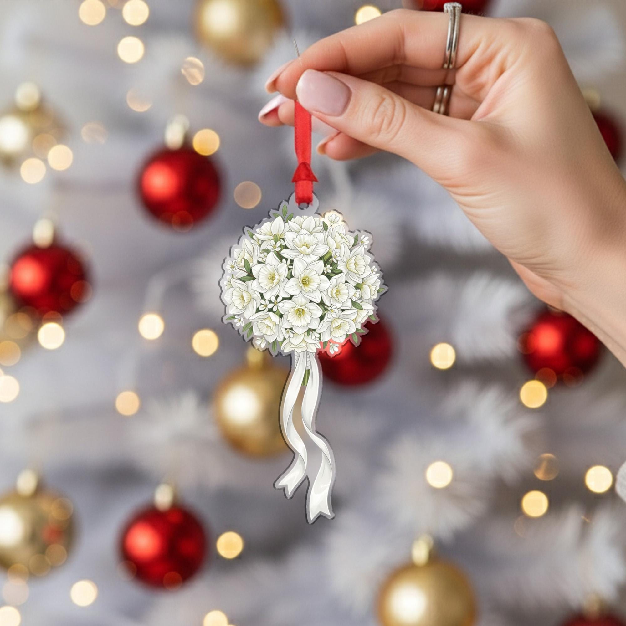 Narcissus Bouquet Christmas Ornament – White Flowers with Ribbon Holiday Decoration
