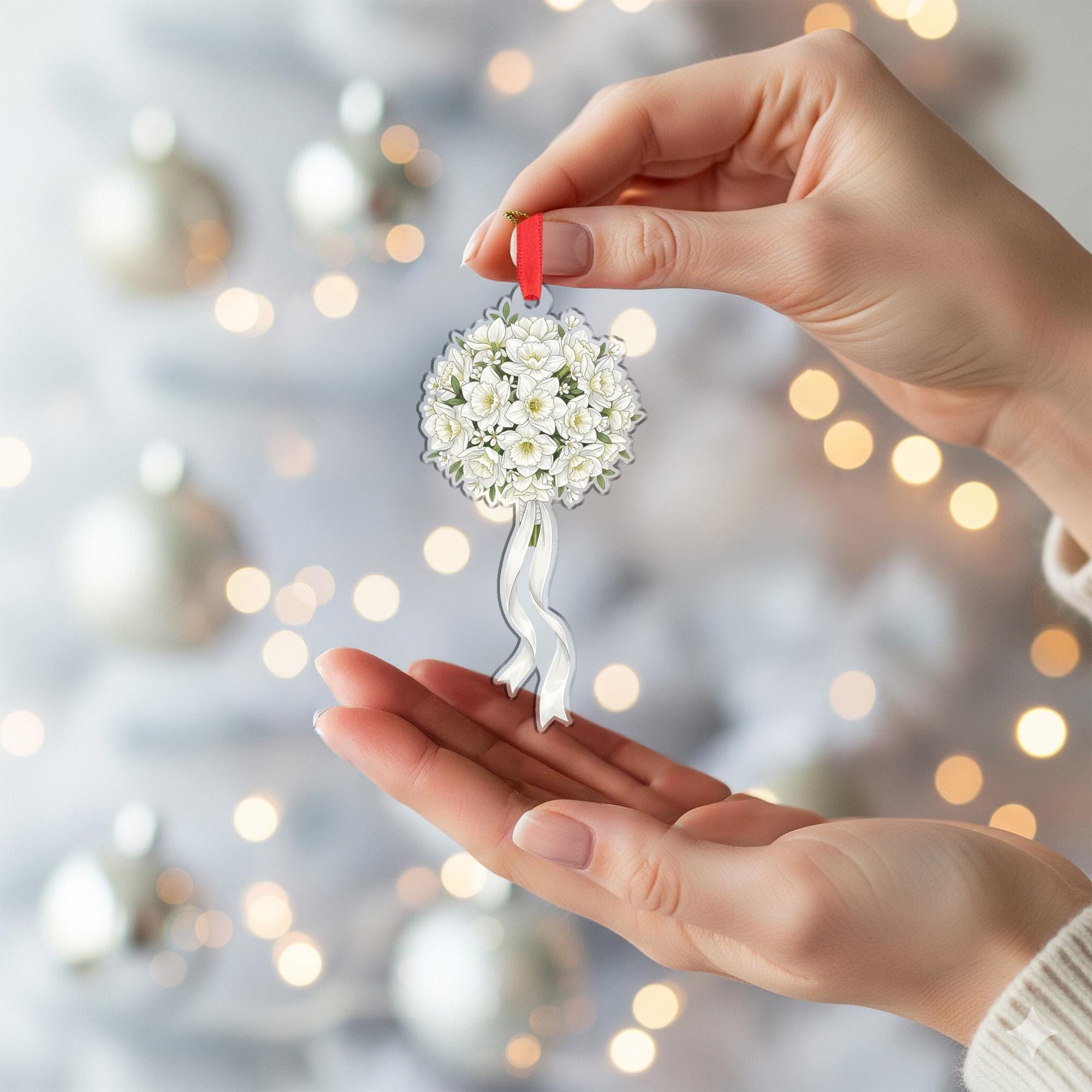 Narcissus Bouquet Christmas Ornament – White Flowers with Ribbon Holiday Decoration