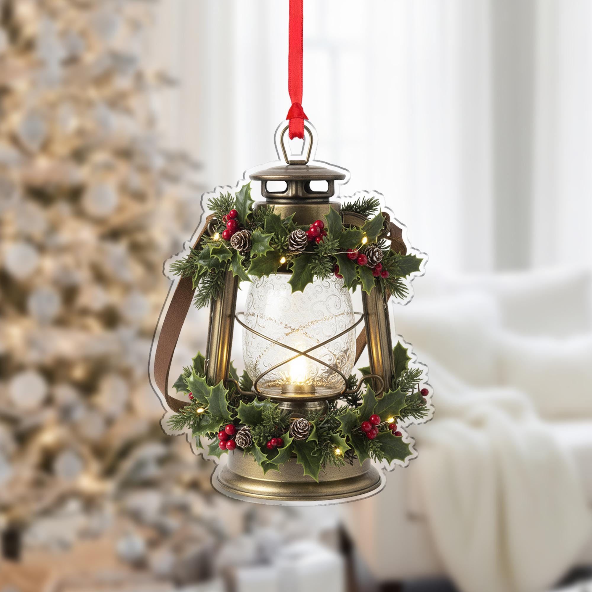 Lantern Christmas Ornament – Vintage Holiday Decoration with Holly and Pinecones