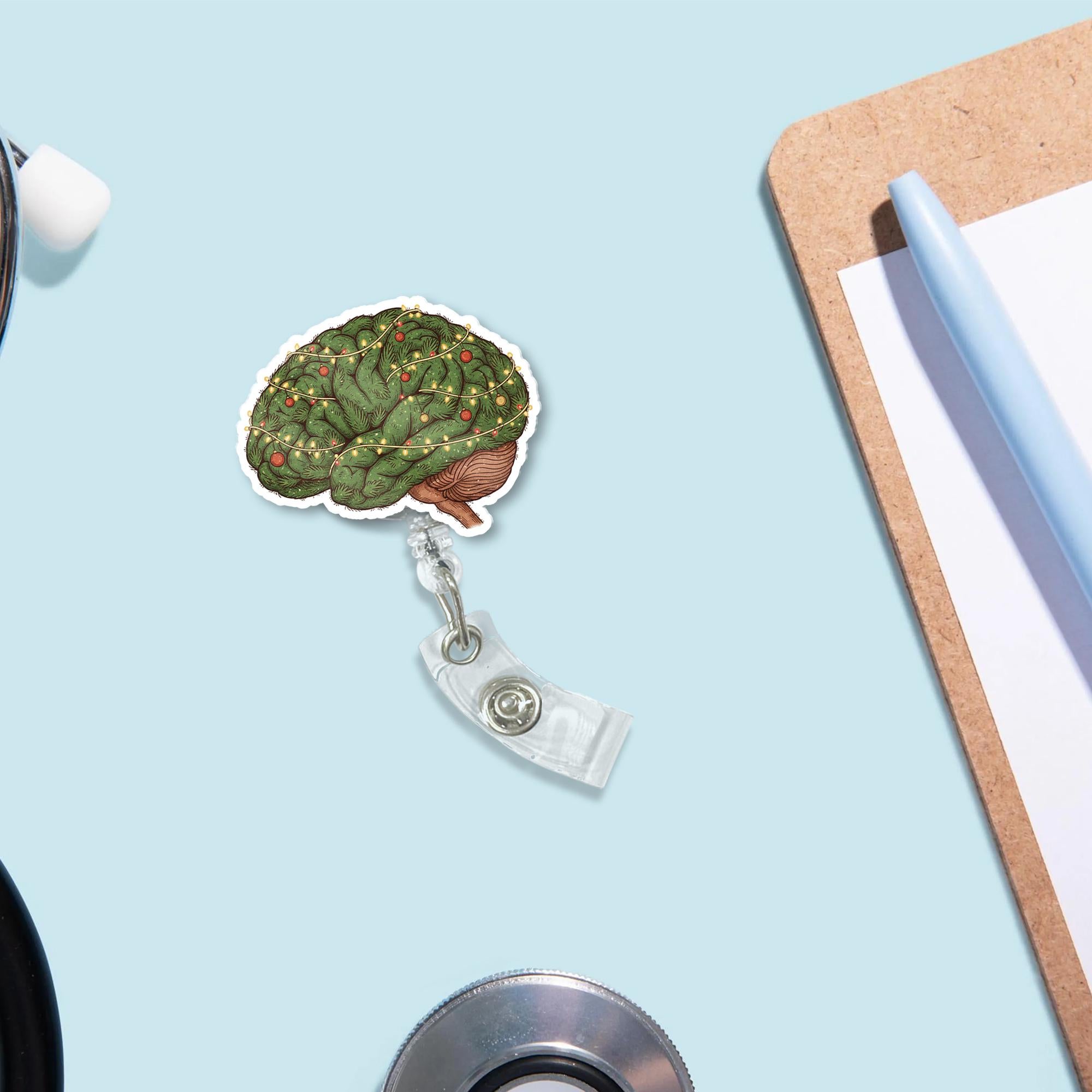 Christmas Brain Badge Reel – Retractable ID Holder for Nurse, Doctor, Neurologist