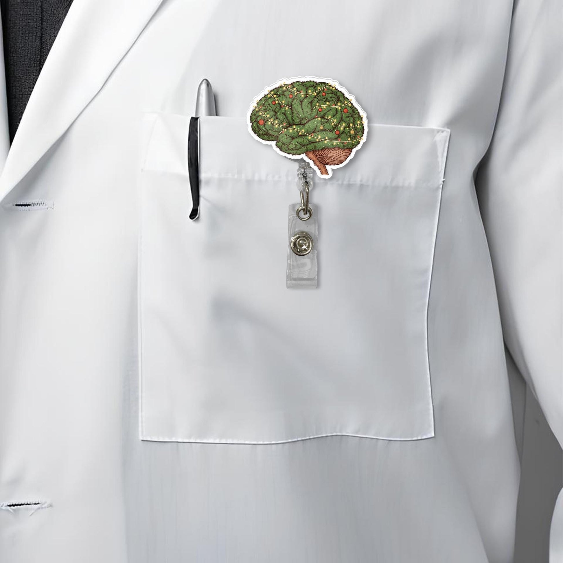 Christmas Brain Badge Reel – Retractable ID Holder for Nurse, Doctor, Neurologist