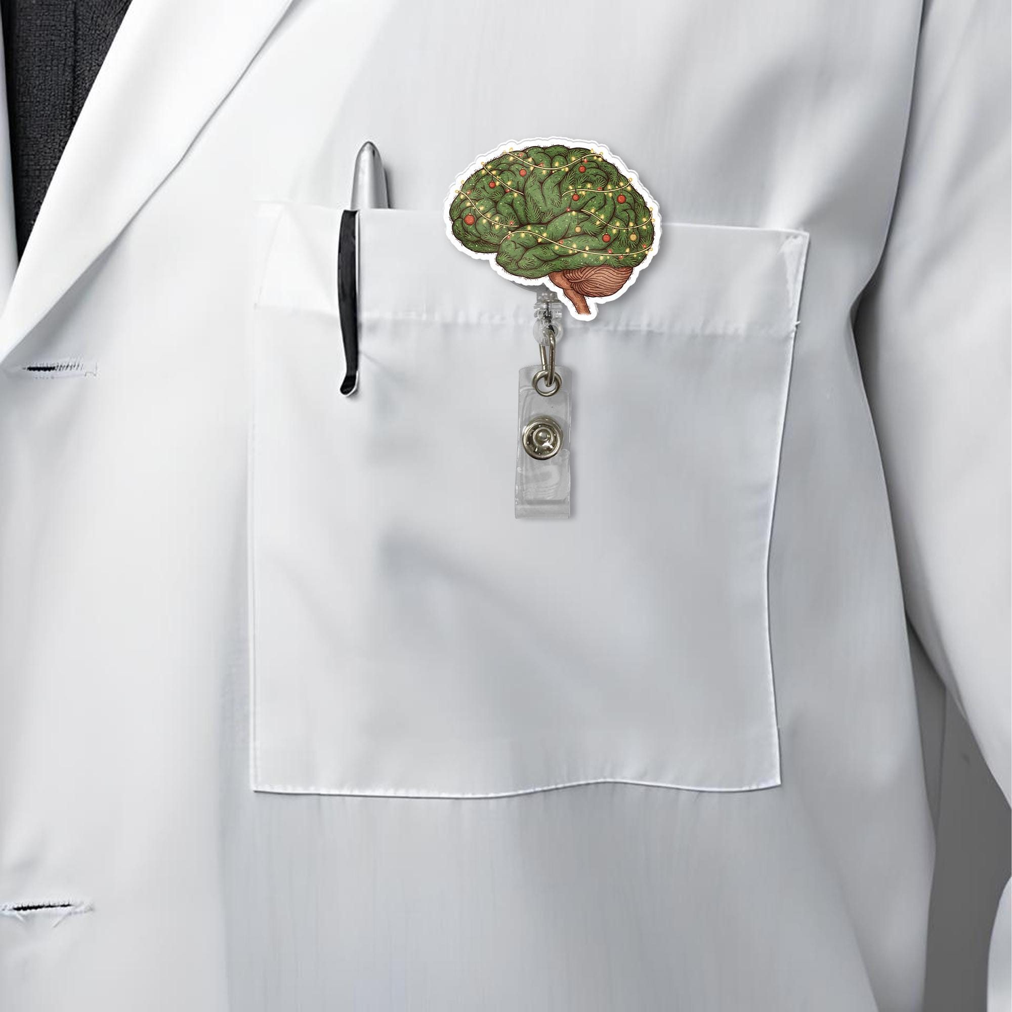 Christmas Brain Badge Reel – Retractable ID Holder for Nurse, Doctor, Neurologist
