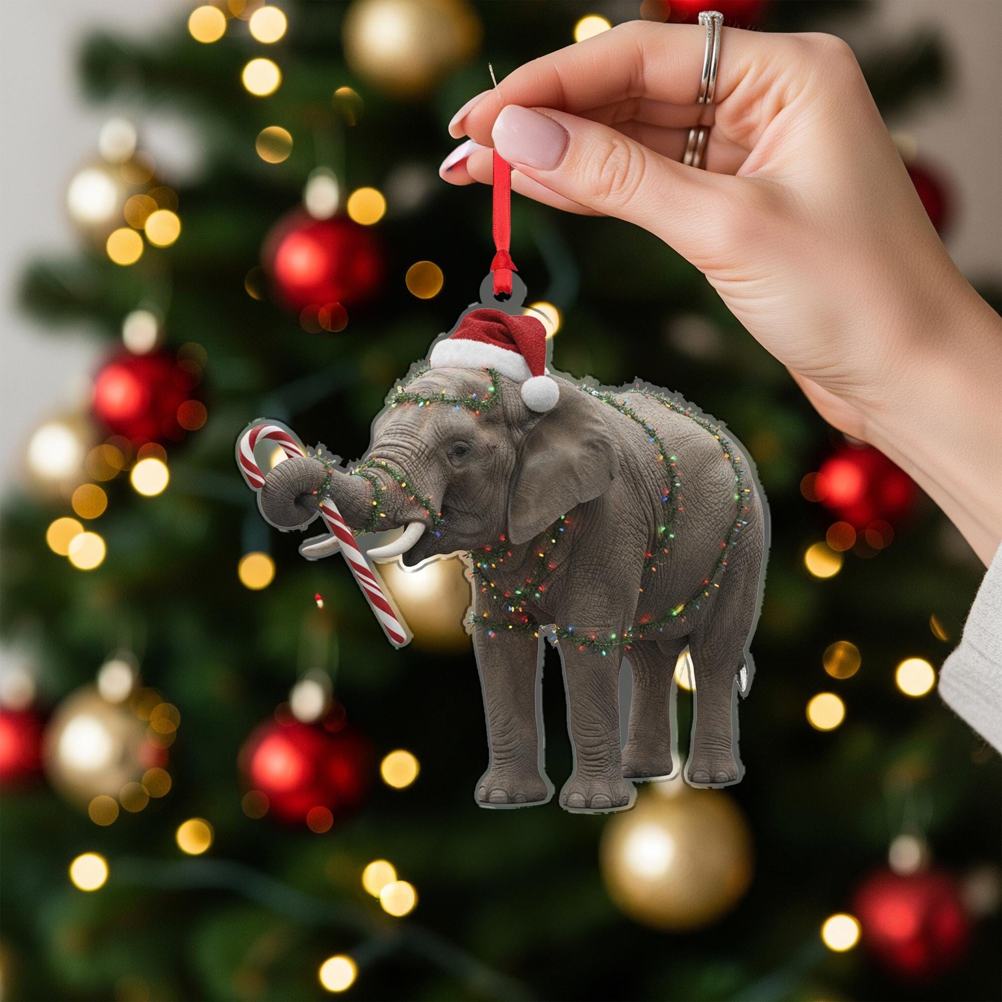Elephant Christmas Ornament – Santa Hat with Candy Cane and Holiday Lights Decoration