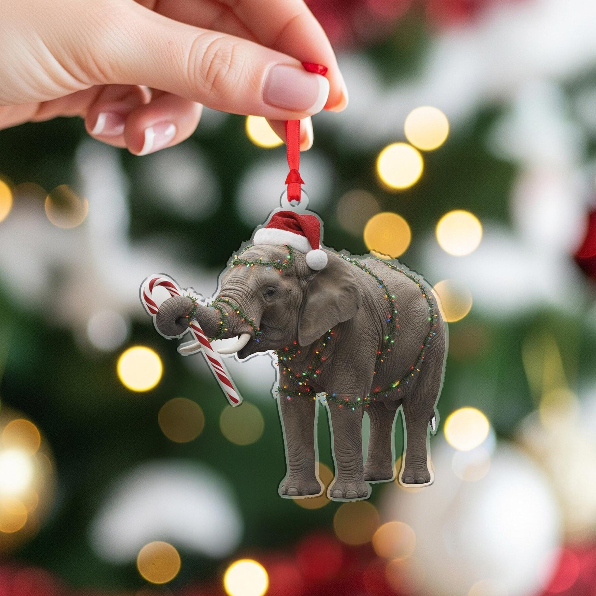 Elephant Christmas Ornament – Santa Hat with Candy Cane and Holiday Lights Decoration
