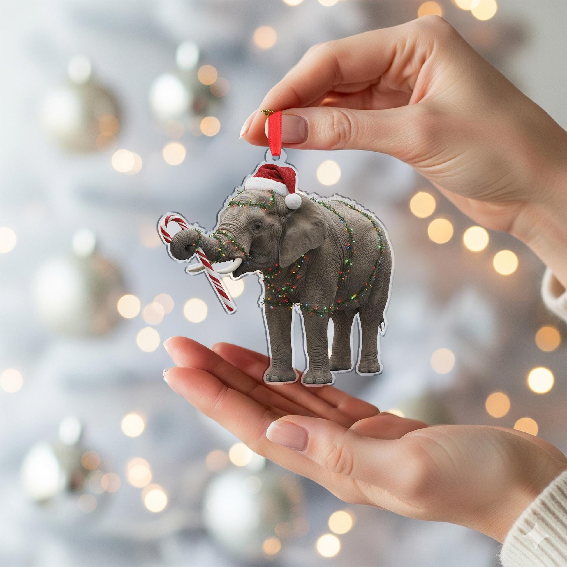 Elephant Christmas Ornament – Santa Hat with Candy Cane and Holiday Lights Decoration