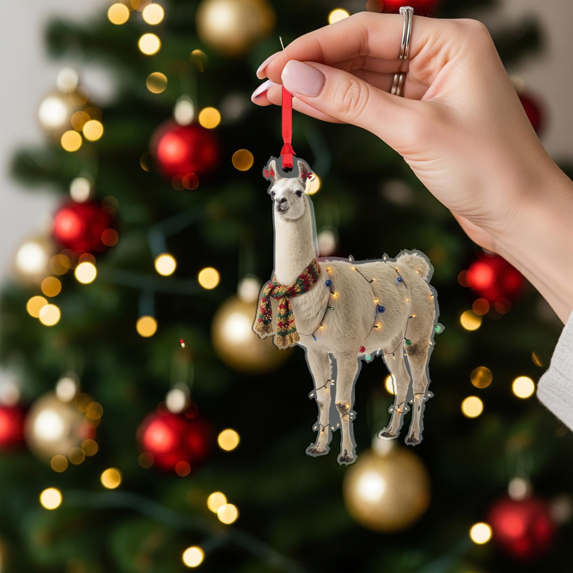 Llama Christmas Ornament – Holiday Tree Decoration with Scarf and String Lights