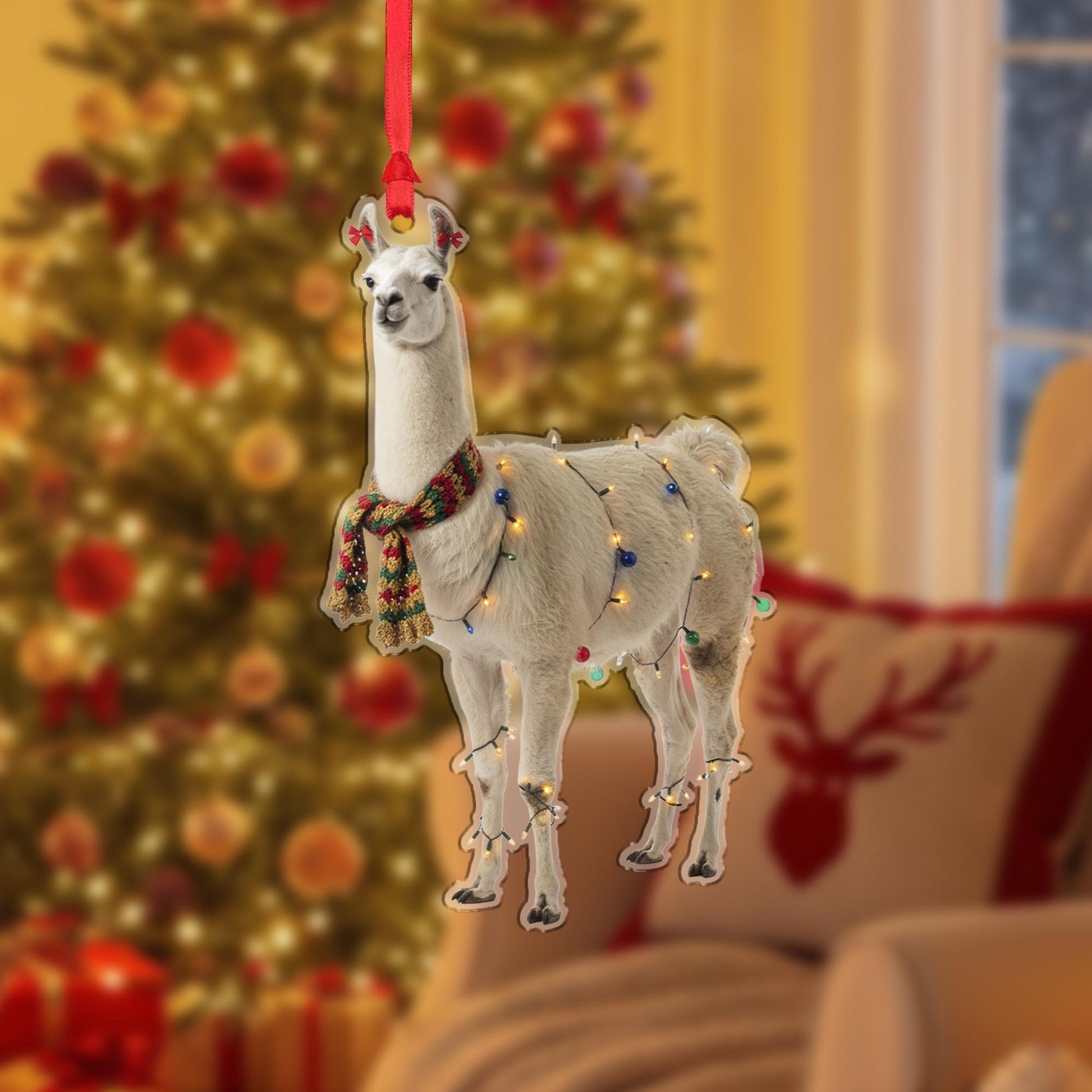 Llama Christmas Ornament – Holiday Tree Decoration with Scarf and String Lights