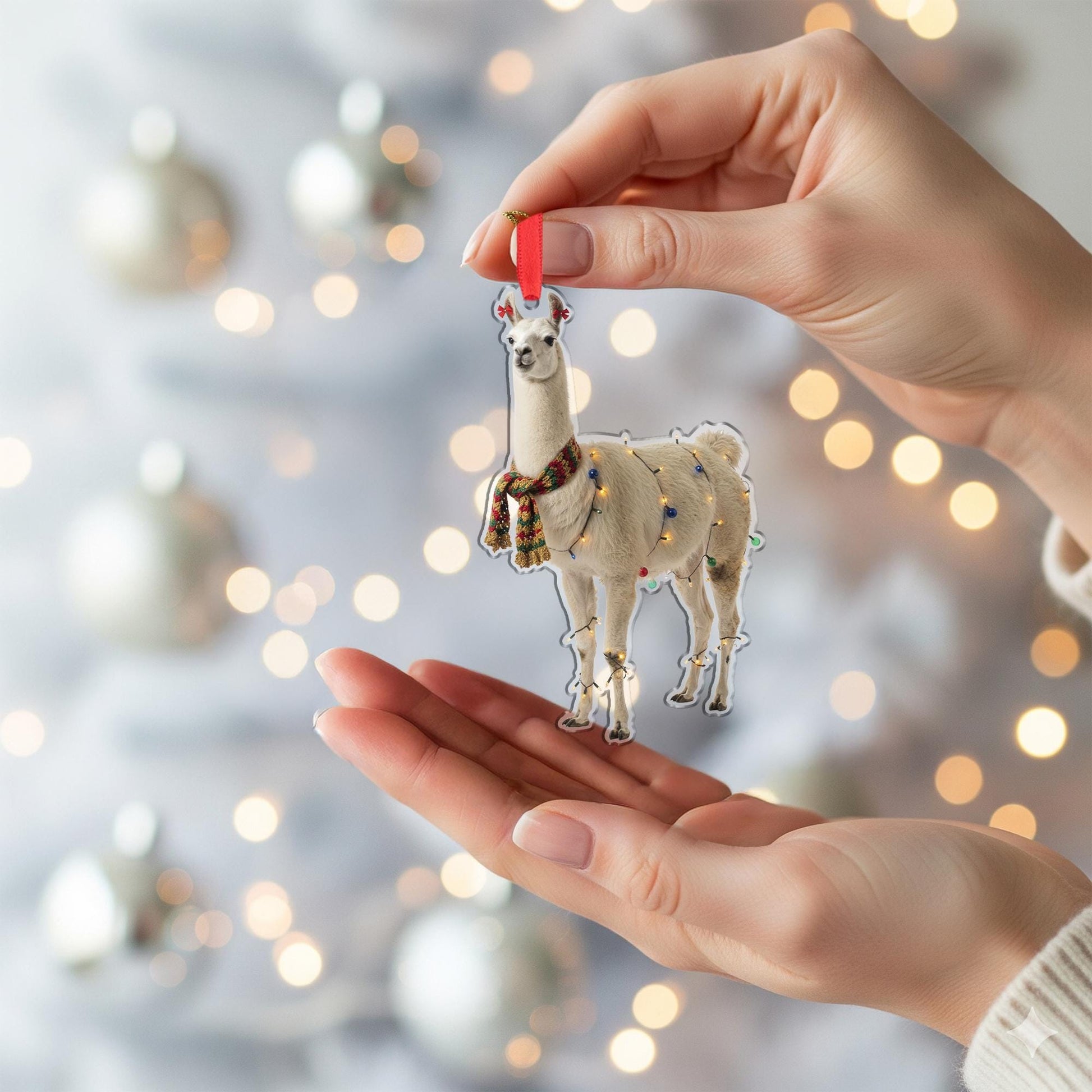 Llama Christmas Ornament – Holiday Tree Decoration with Scarf and String Lights