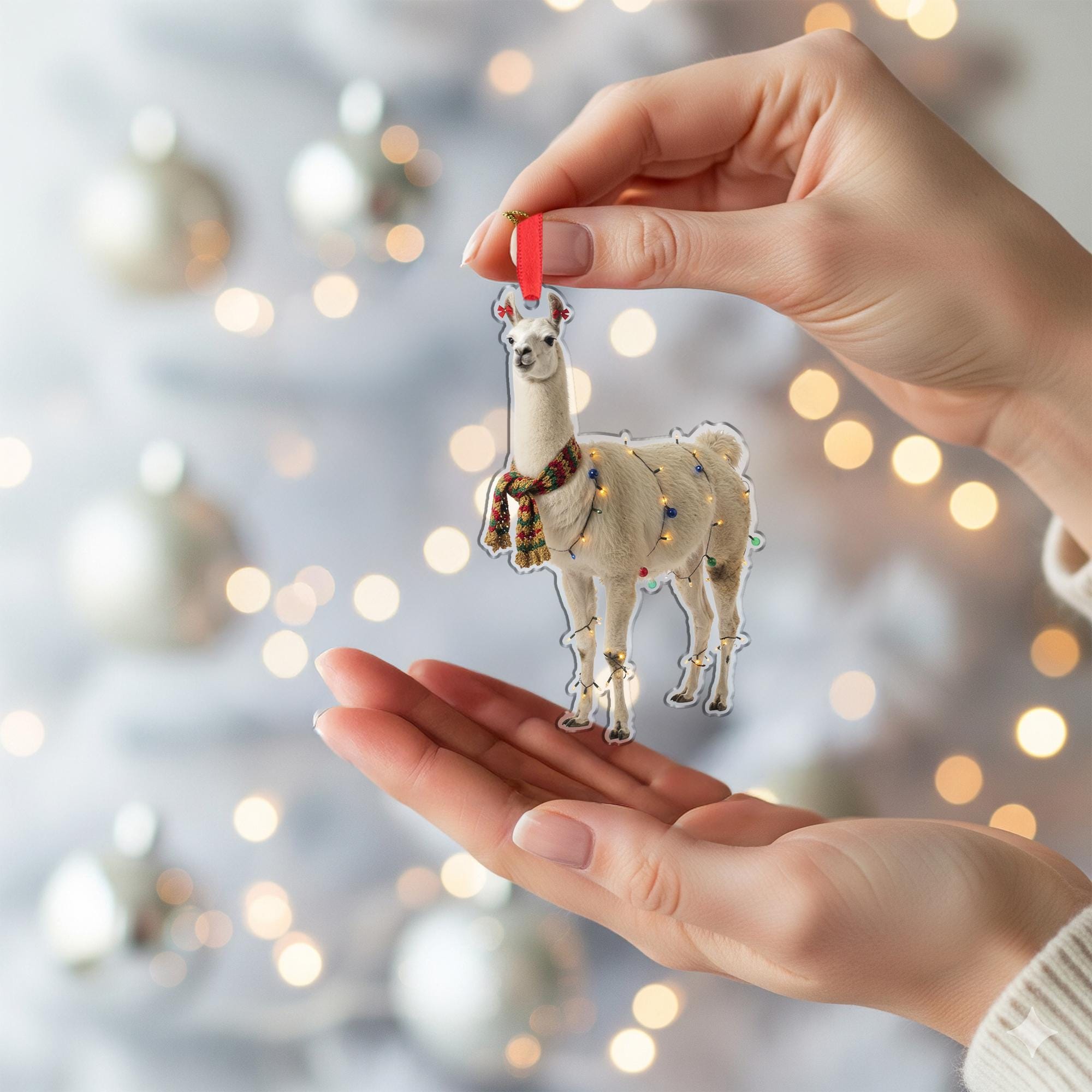 Llama Christmas Ornament – Holiday Tree Decoration with Scarf and String Lights