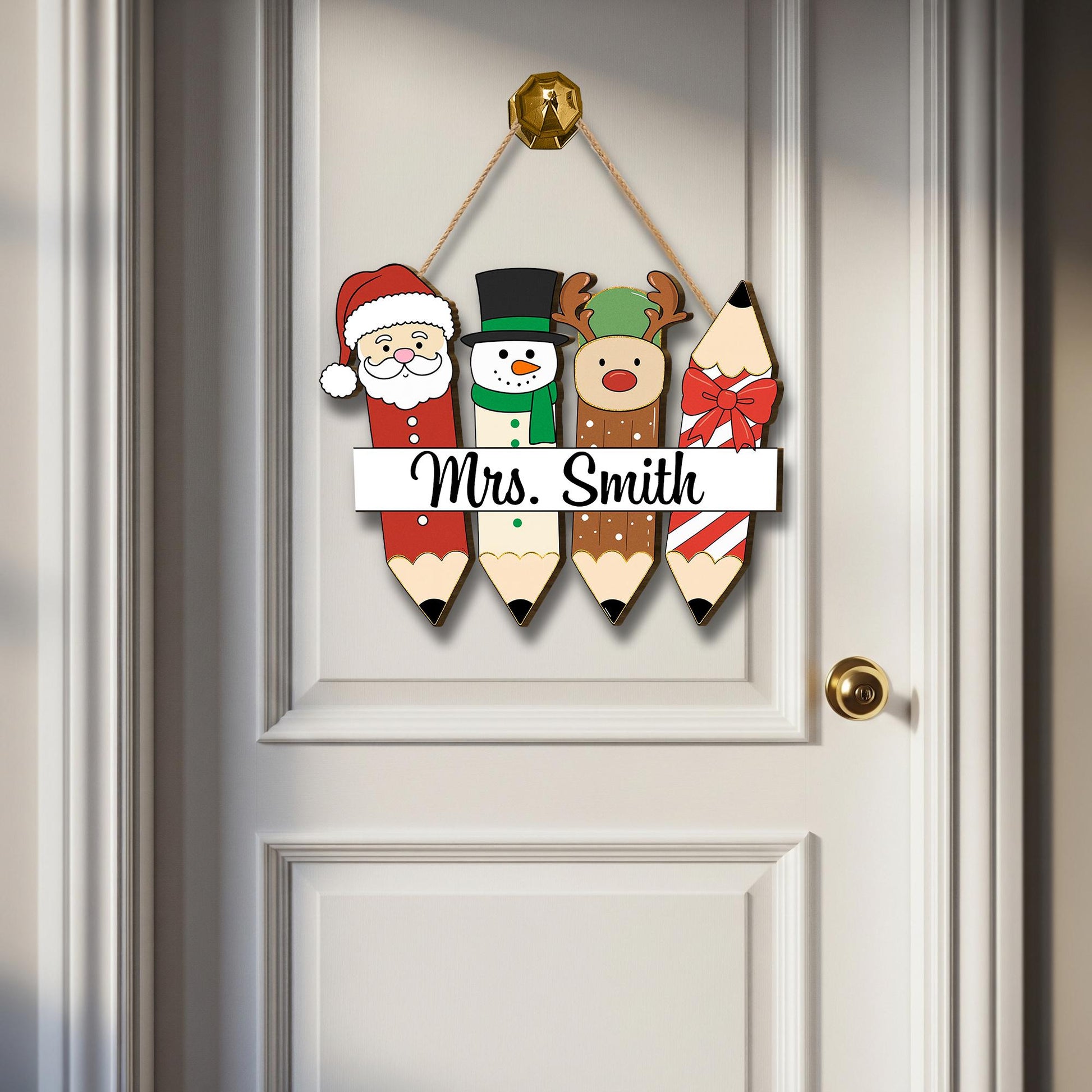 Personalized Teacher Christmas Sign – Wooden Pencil Santa Snowman Reindeer Door Hanger