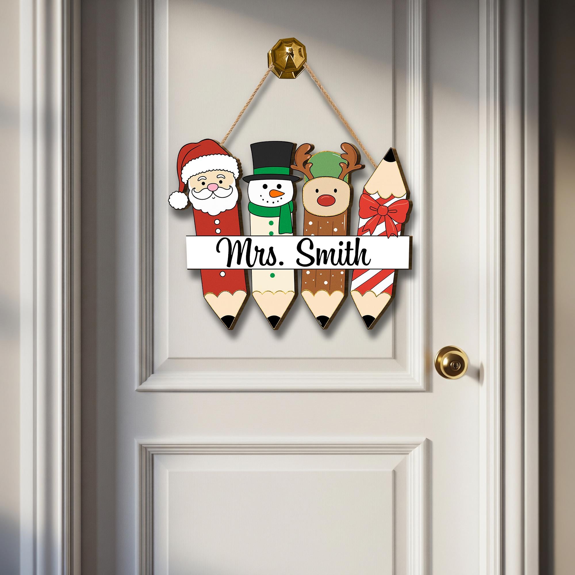 Personalized Teacher Christmas Sign – Wooden Pencil Santa Snowman Reindeer Door Hanger