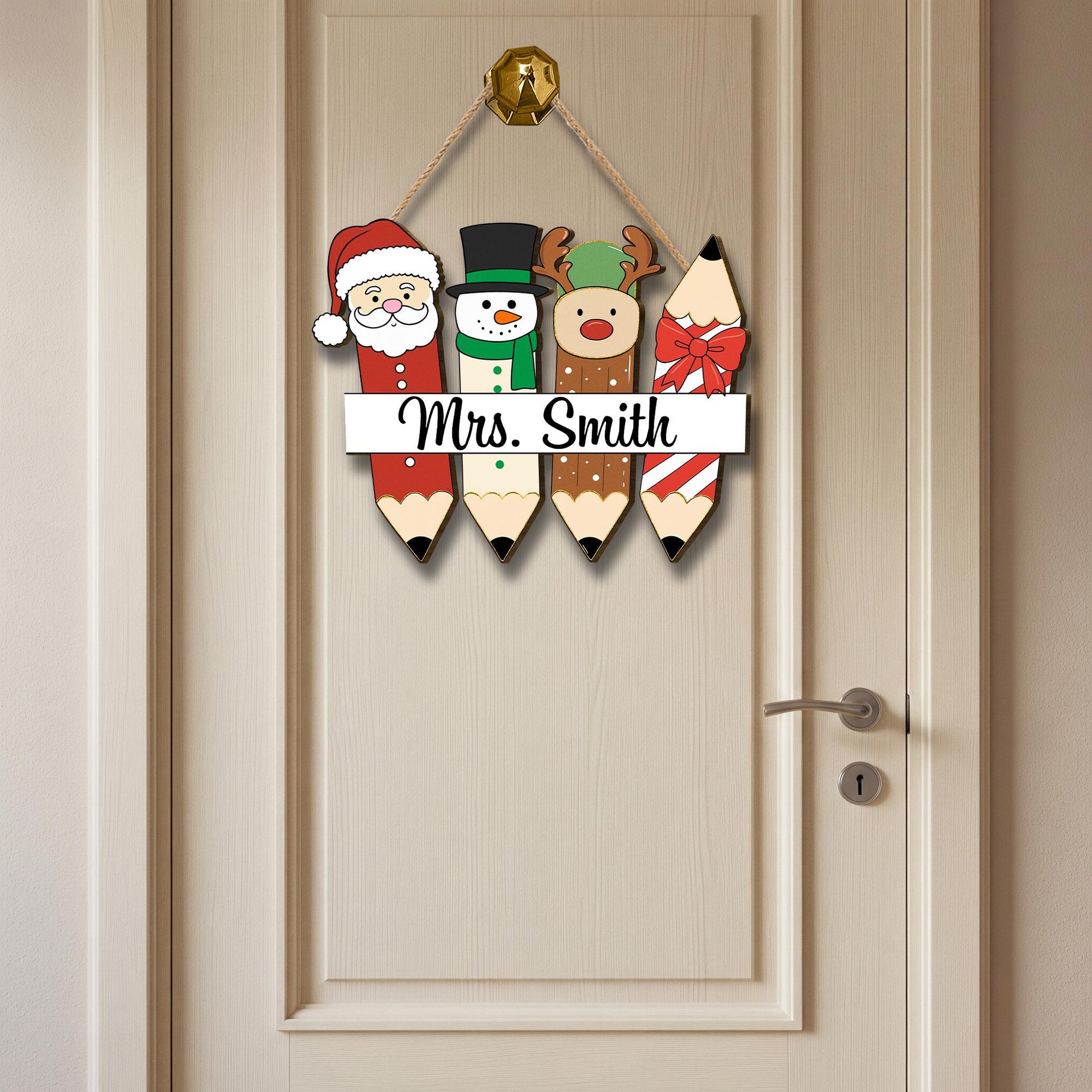 Personalized Teacher Christmas Sign – Wooden Pencil Santa Snowman Reindeer Door Hanger