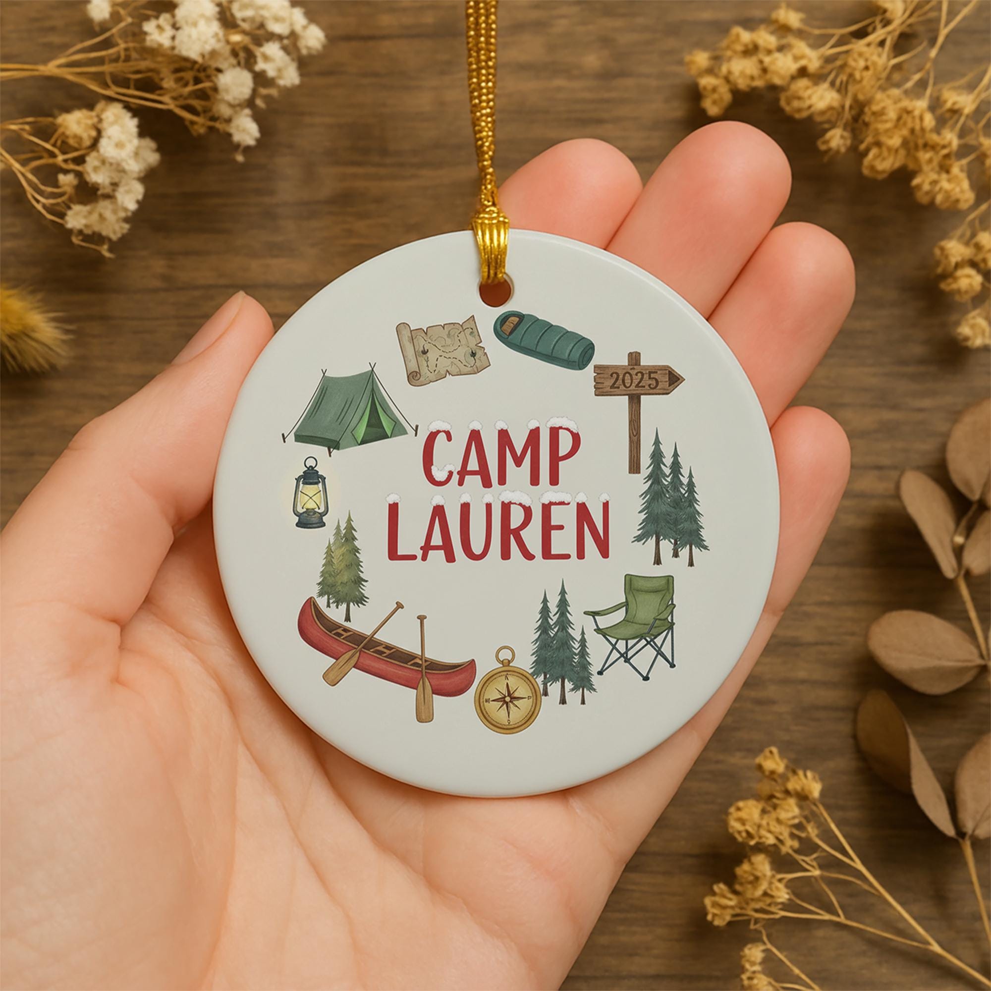 Personalized Ceramic Ornament – Camping Theme with Tent, Canoe, and Compass Design