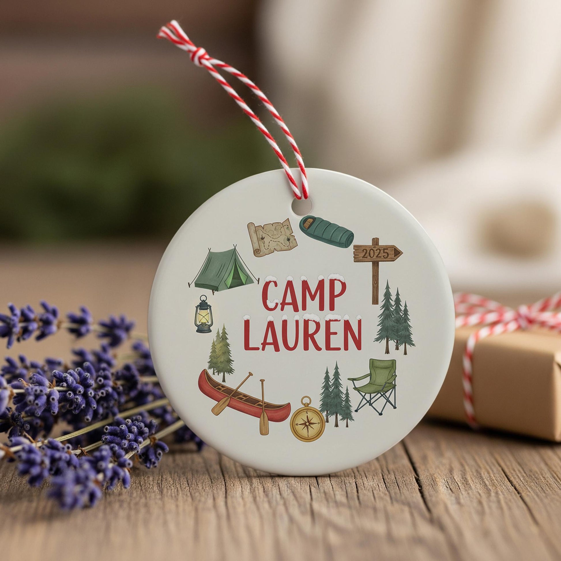Personalized Ceramic Ornament – Camping Theme with Tent, Canoe, and Compass Design