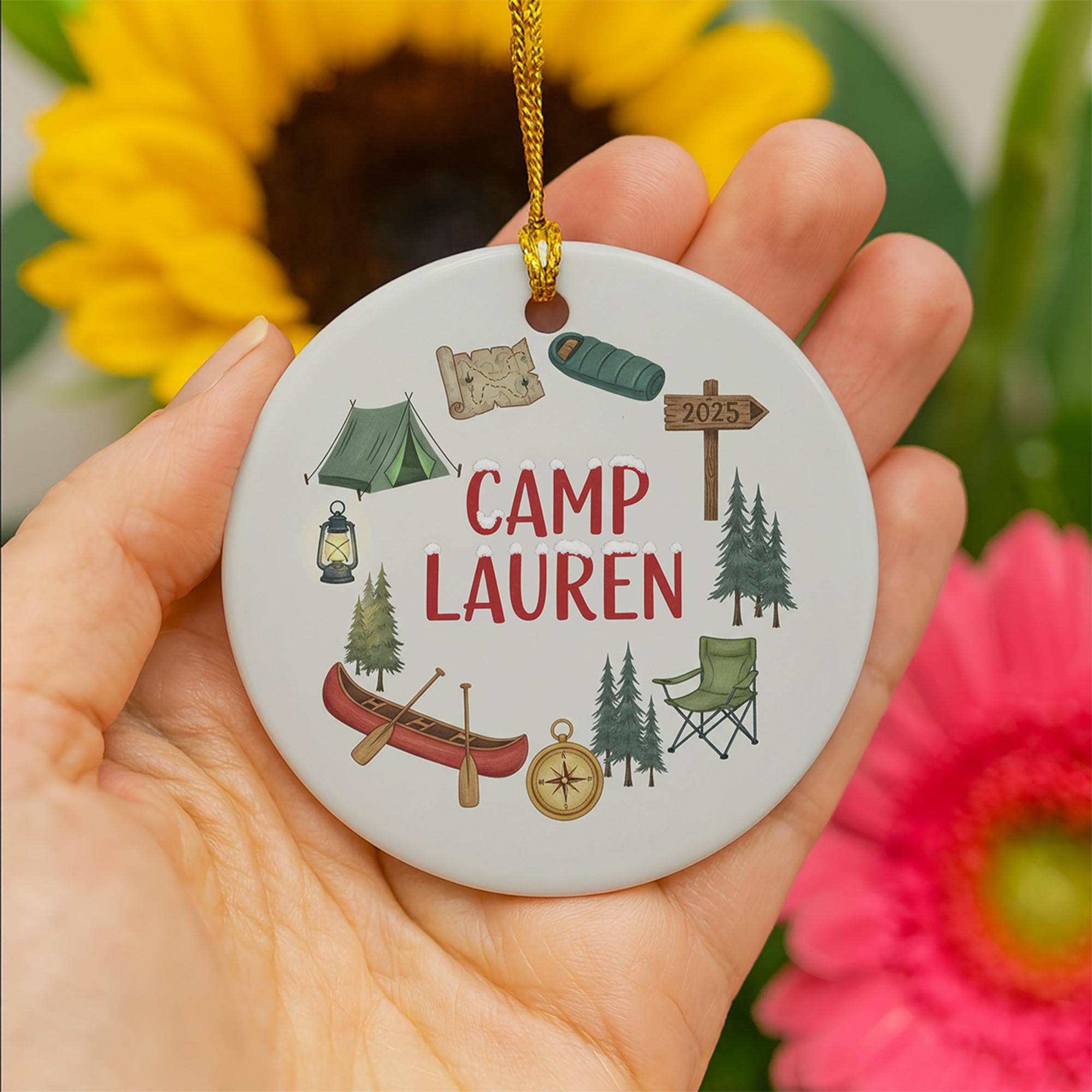 Personalized Ceramic Ornament – Camping Theme with Tent, Canoe, and Compass Design