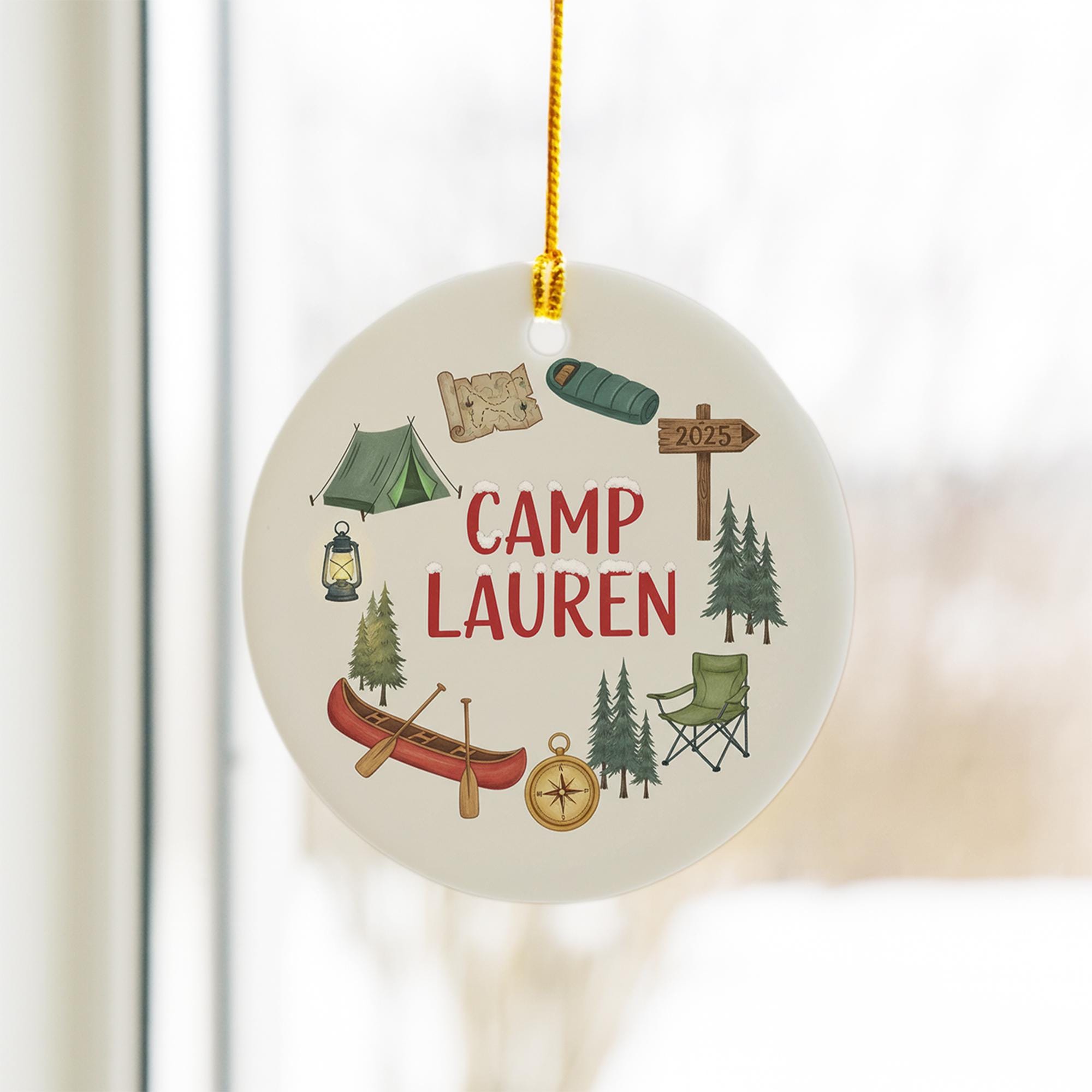 Personalized Ceramic Ornament – Camping Theme with Tent, Canoe, and Compass Design
