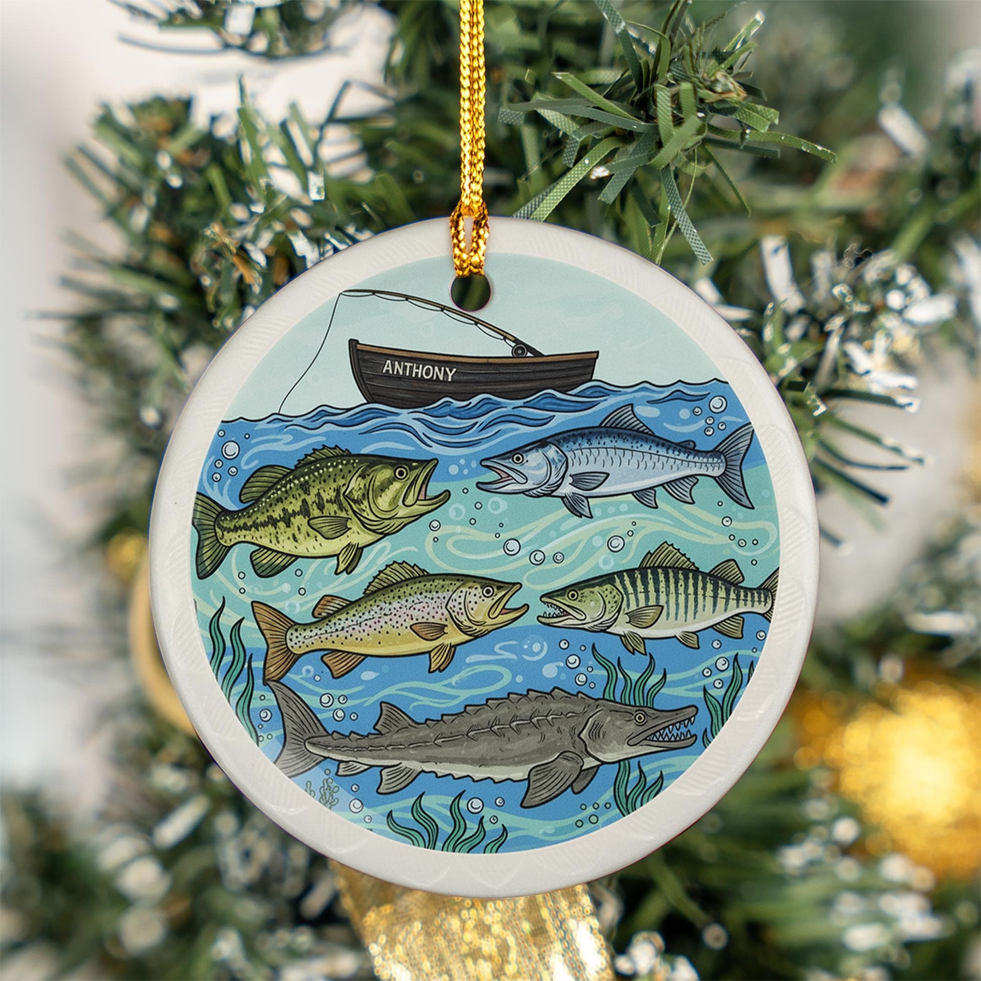 Personalized Ceramic Ornament – Fishing Boat and Freshwater Fish Design Decoration