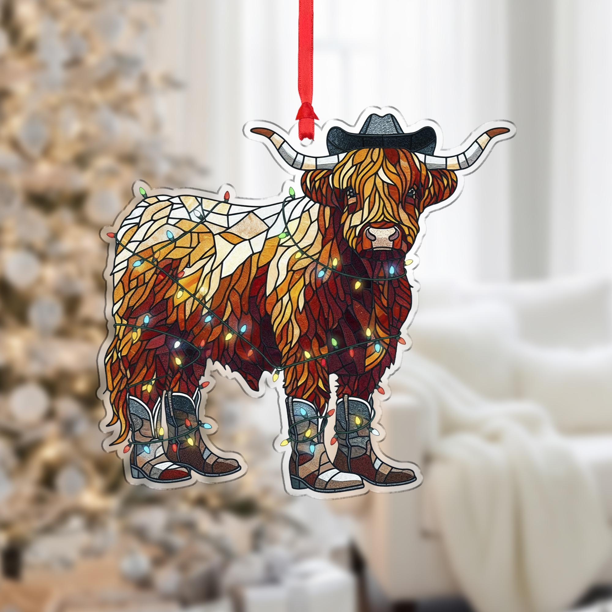 Highland Cow Christmas Ornament – Western Cowboy Boot Cow Decoration
