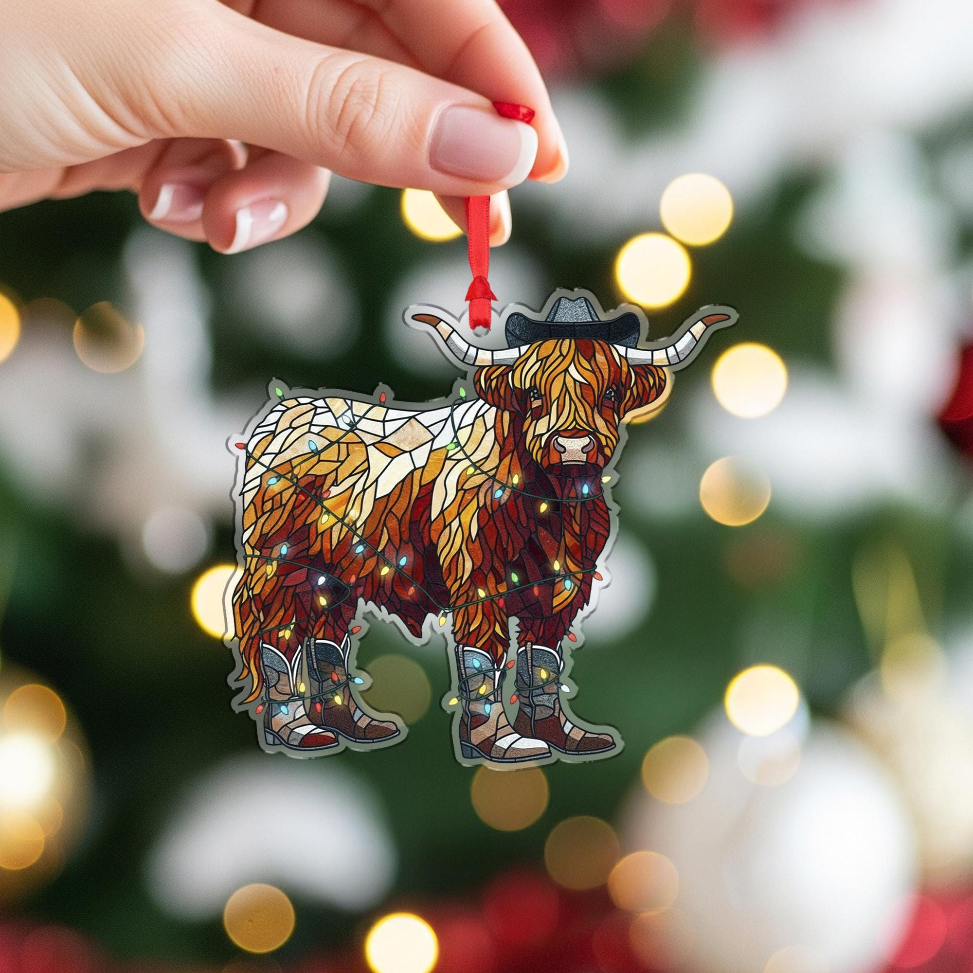 Highland Cow Christmas Ornament – Western Cowboy Boot Cow Decoration