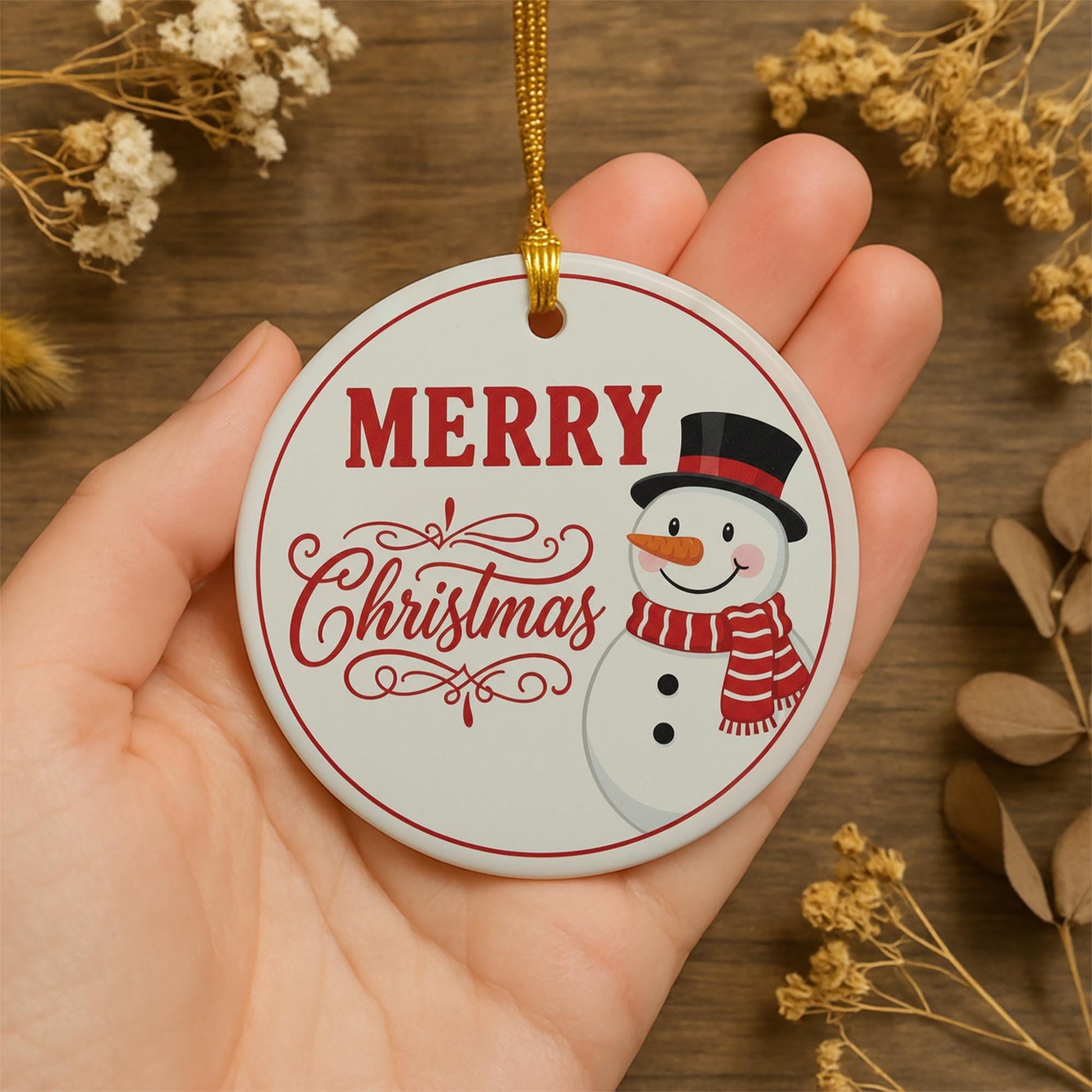 Snowman Christmas Ornament: Round Merry Christmas Tree Decoration