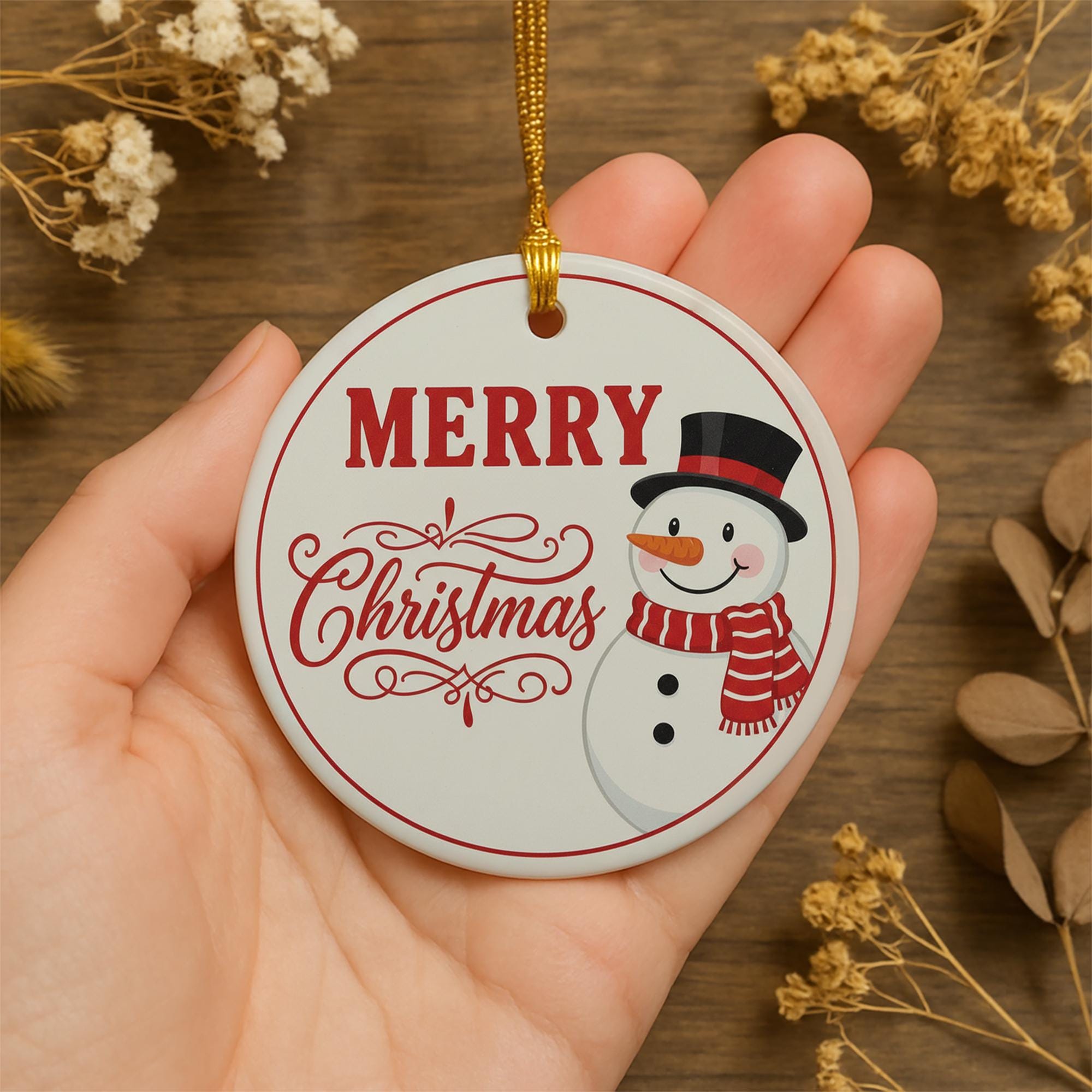 Snowman Christmas Ornament: Round Merry Christmas Tree Decoration