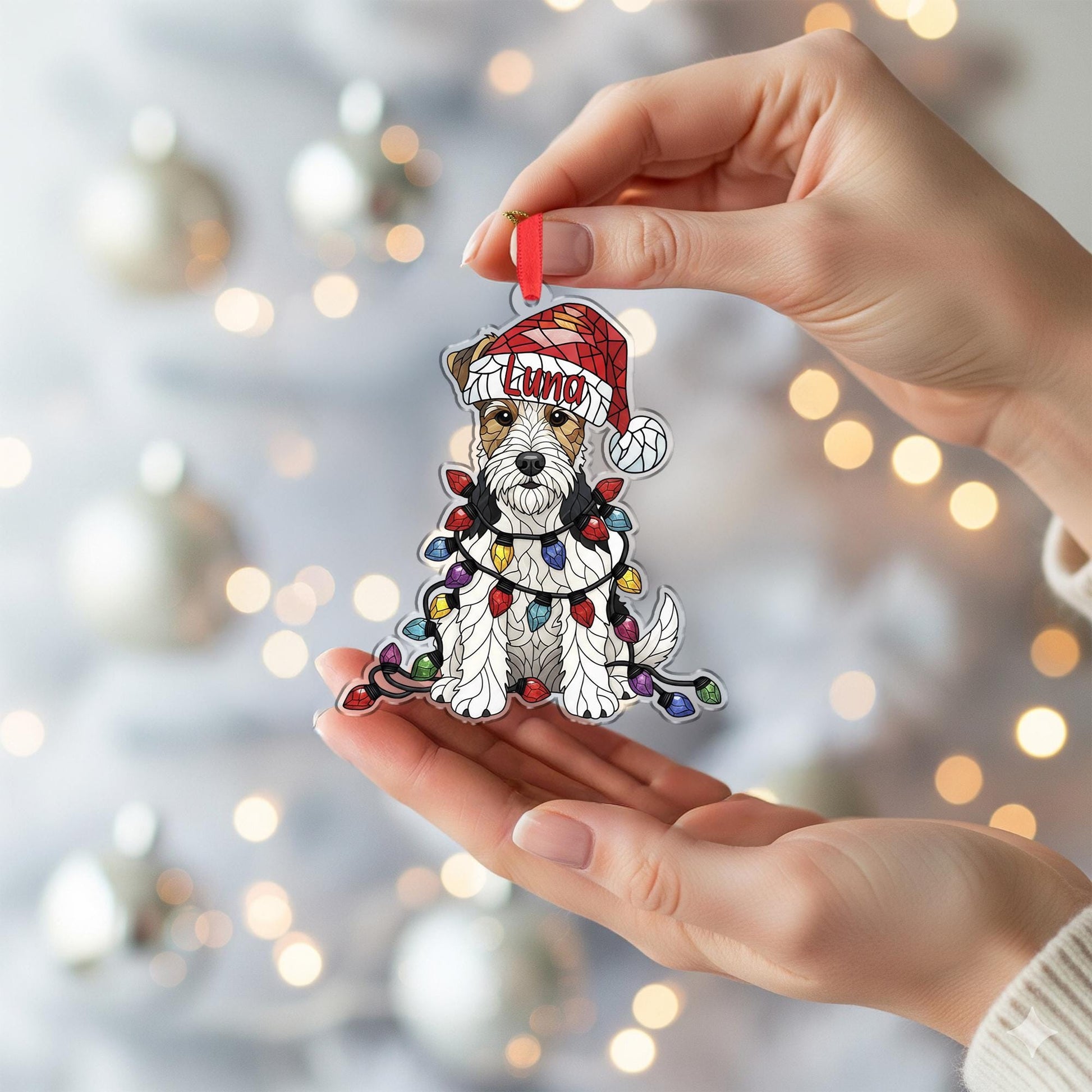 Wire Fox Terrier Ornament – Personalized Dog Christmas Decoration with Santa Hat & Lights