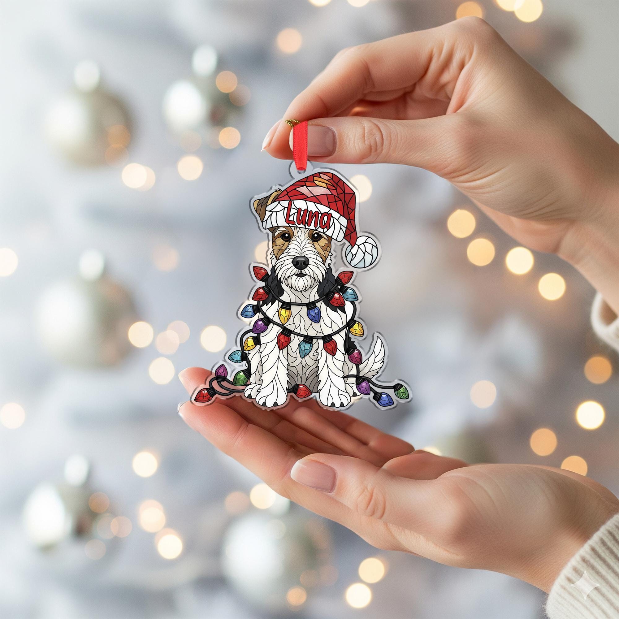 Wire Fox Terrier Ornament – Personalized Dog Christmas Decoration with Santa Hat & Lights