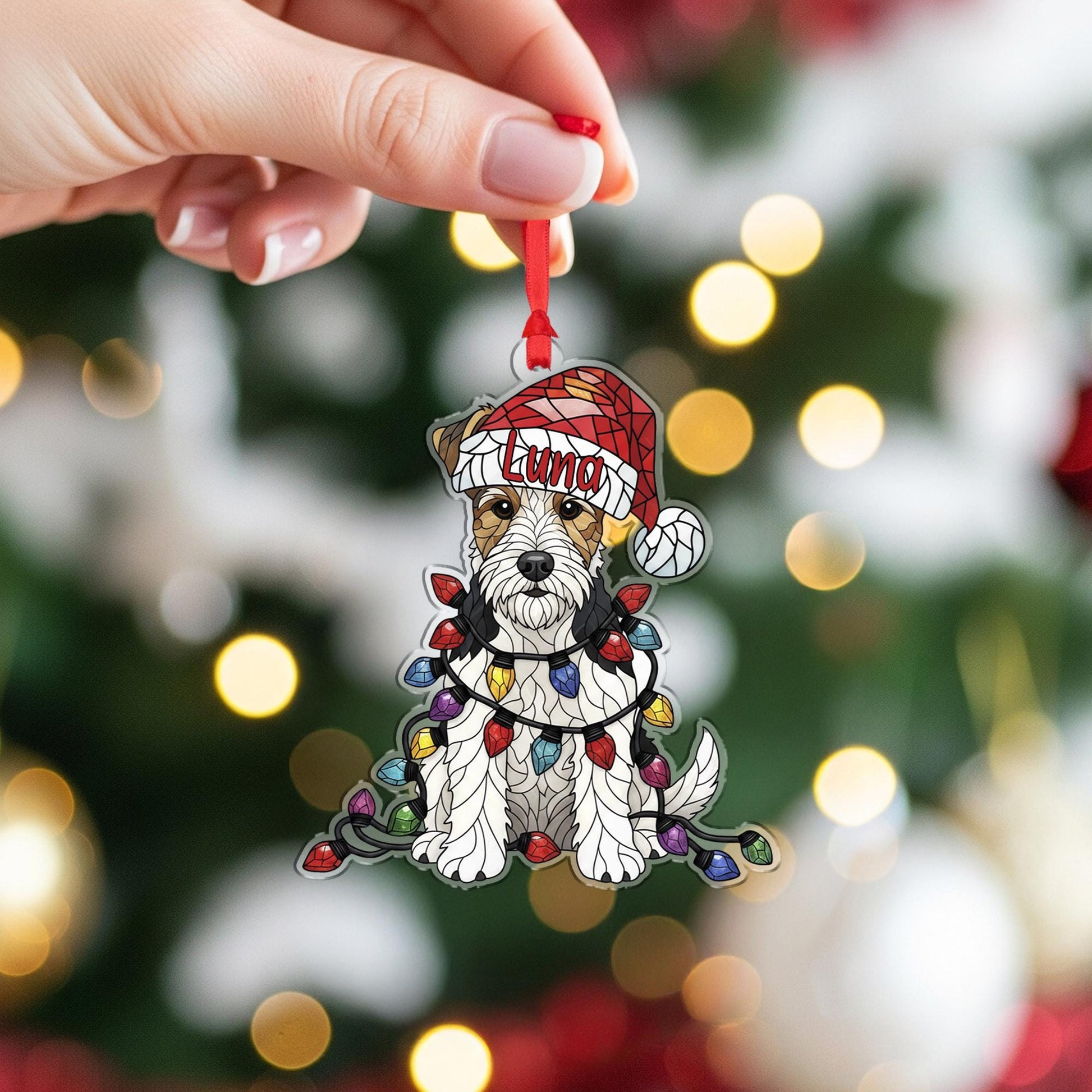 Wire Fox Terrier Ornament – Personalized Dog Christmas Decoration with Santa Hat & Lights