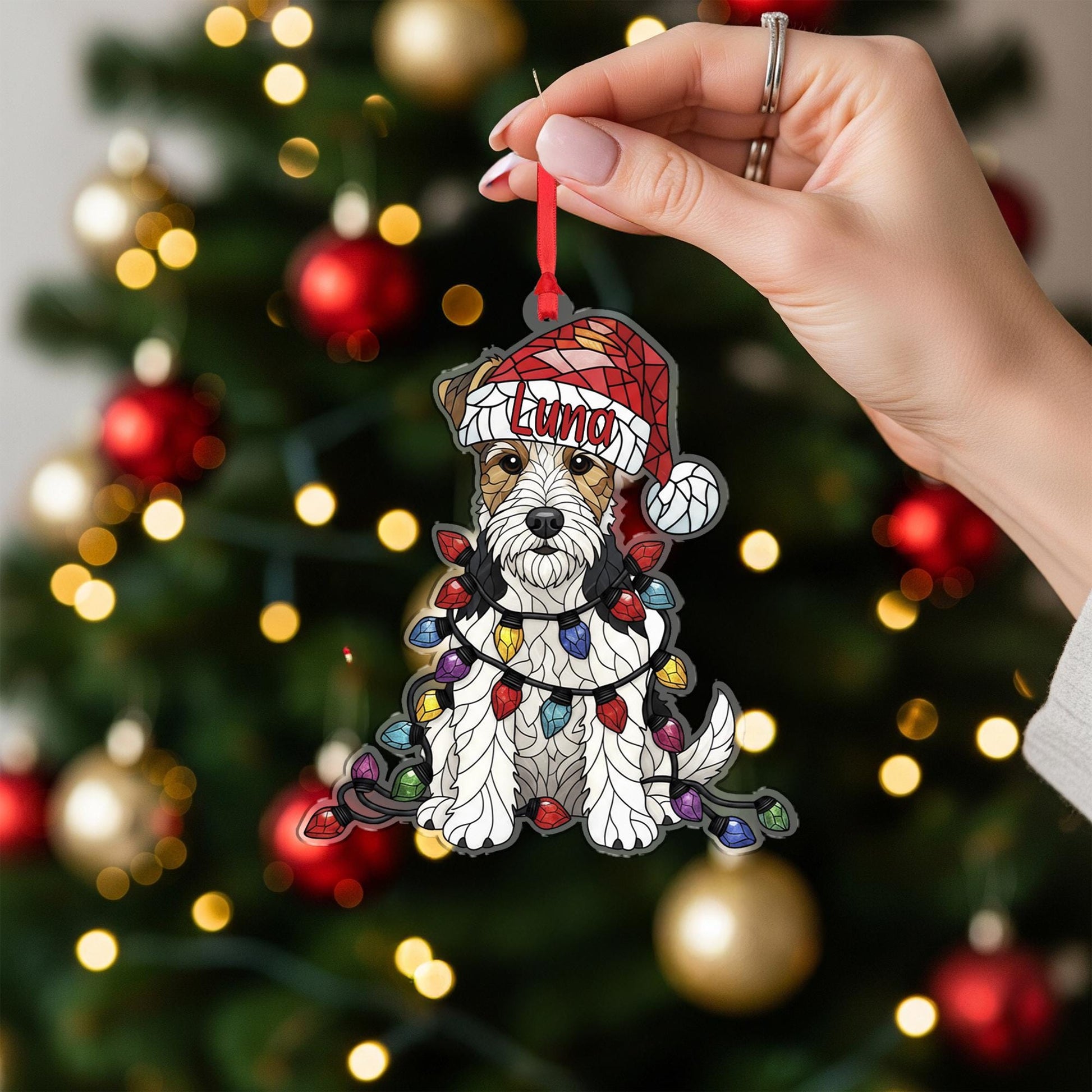 Wire Fox Terrier Ornament – Personalized Dog Christmas Decoration with Santa Hat & Lights