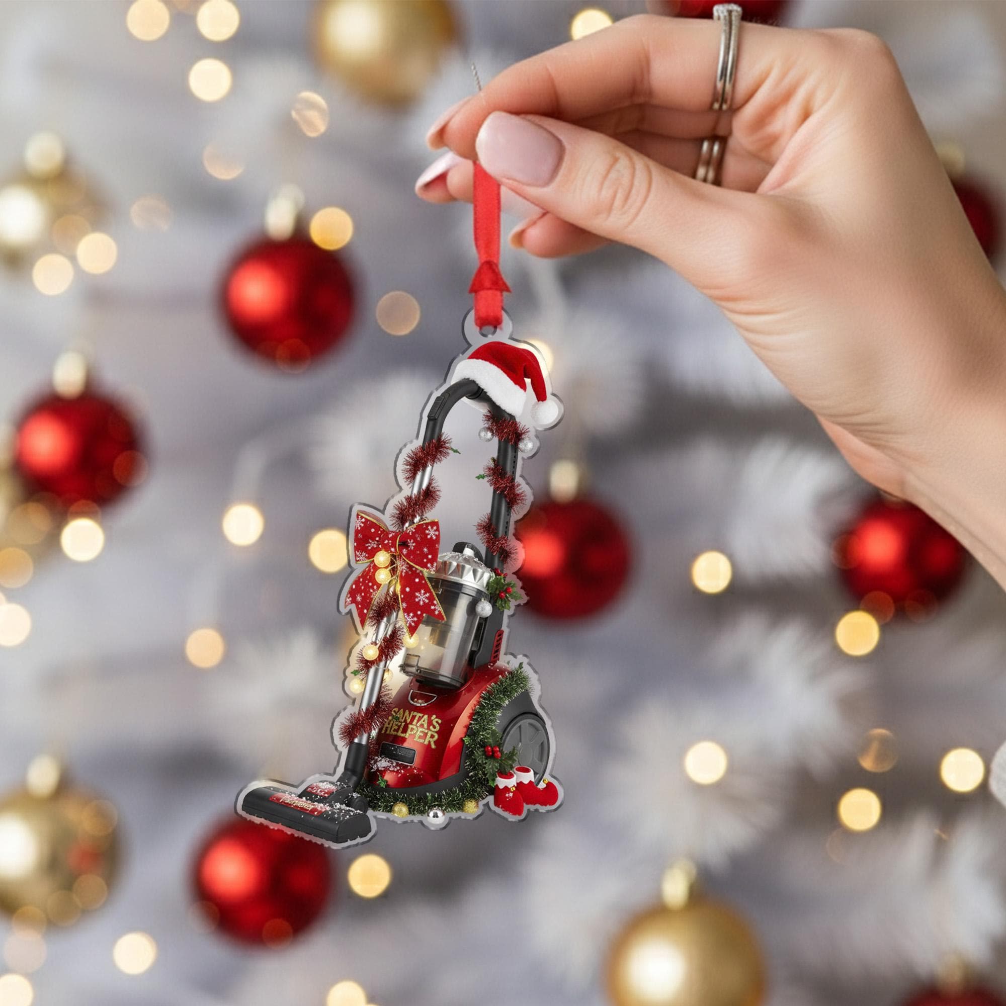 Vacuum Cleaner Christmas Ornament – Holiday Tree Decoration with Santa Hat and Bow