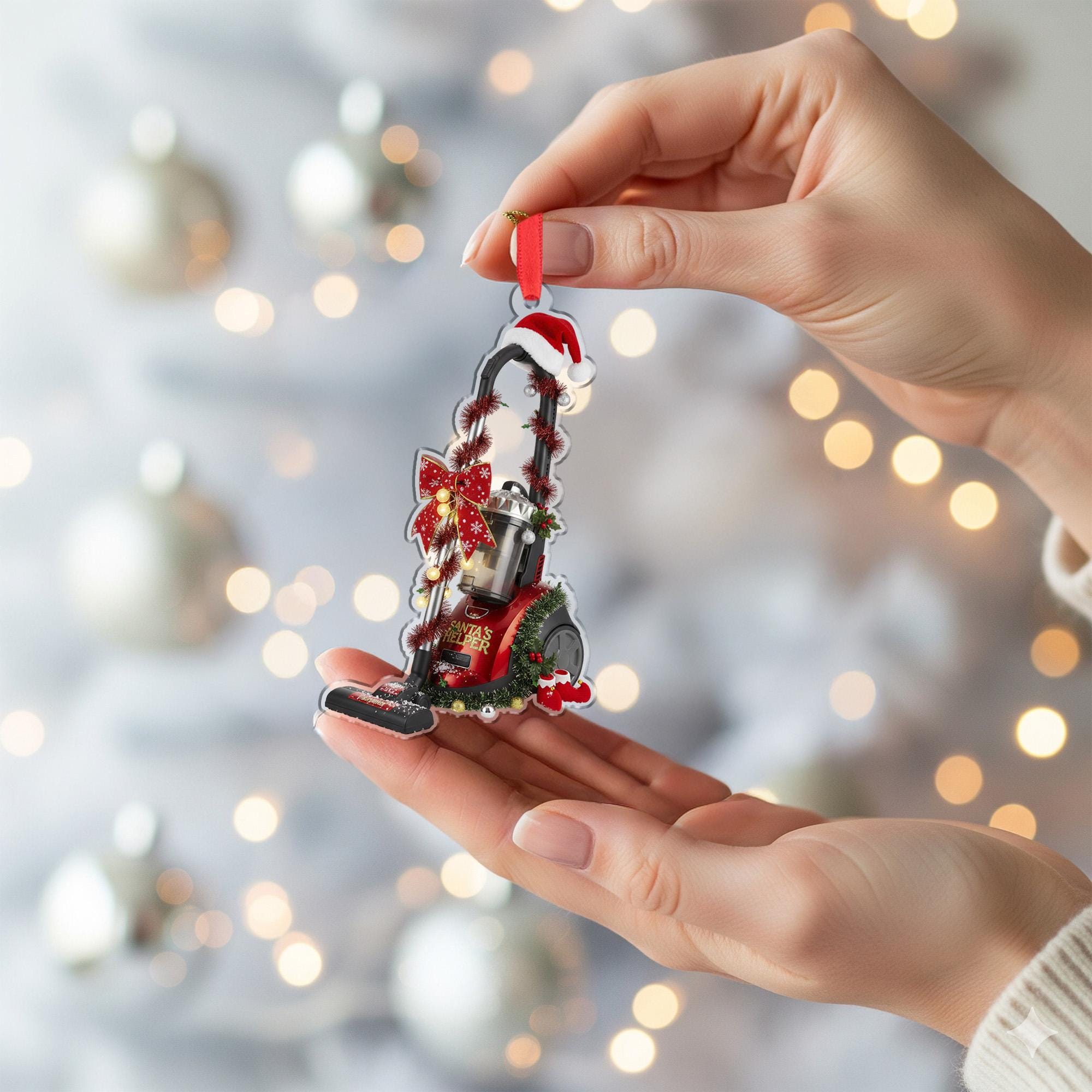 Vacuum Cleaner Christmas Ornament – Holiday Tree Decoration with Santa Hat and Bow