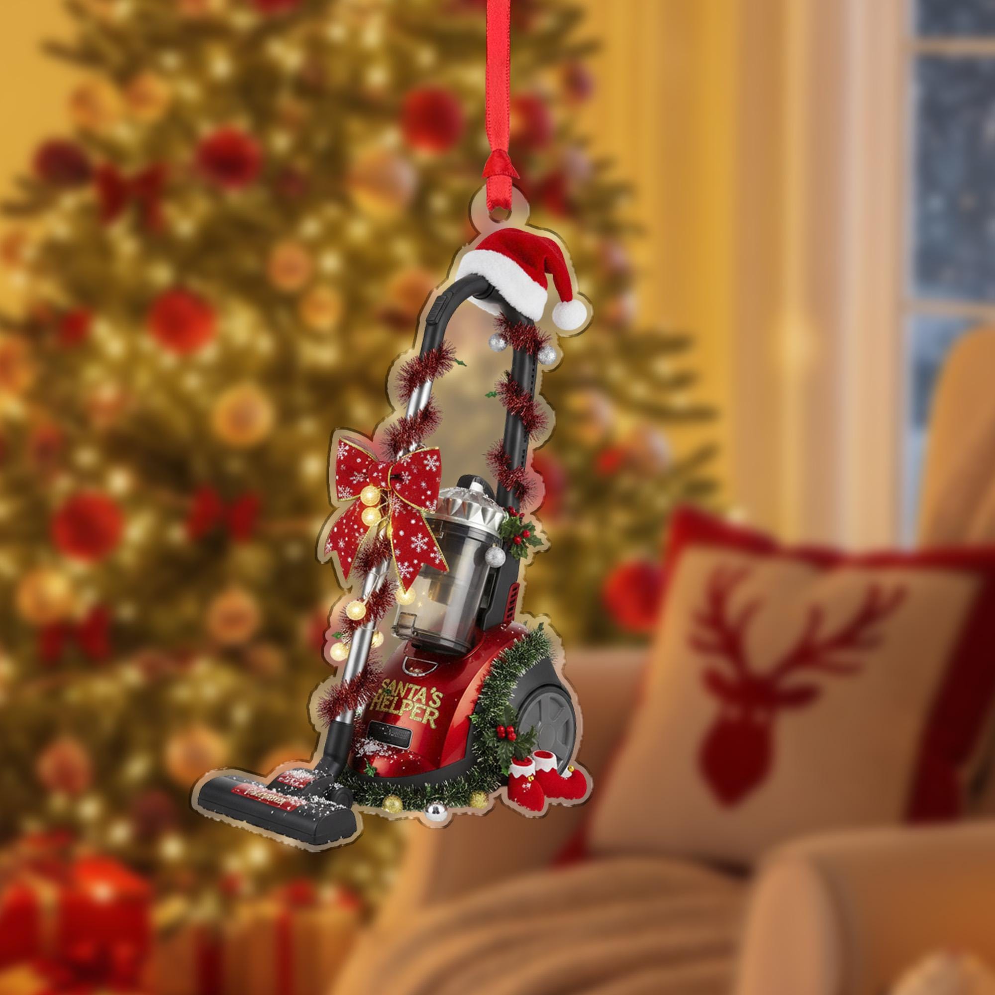 Vacuum Cleaner Christmas Ornament – Holiday Tree Decoration with Santa Hat and Bow