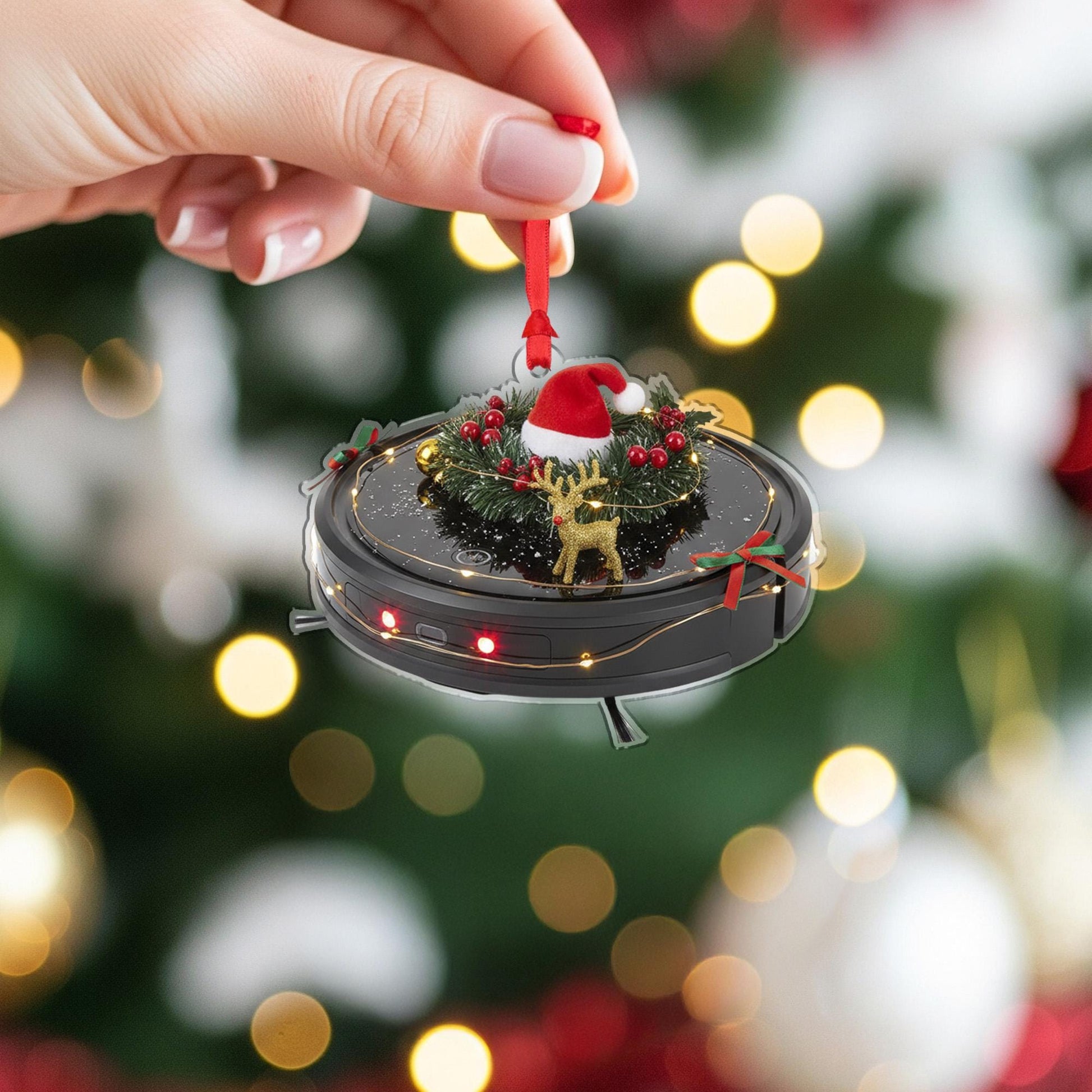 Robot Vacuum Christmas Ornament – Holiday Tree Decoration with Wreath and Santa Hat