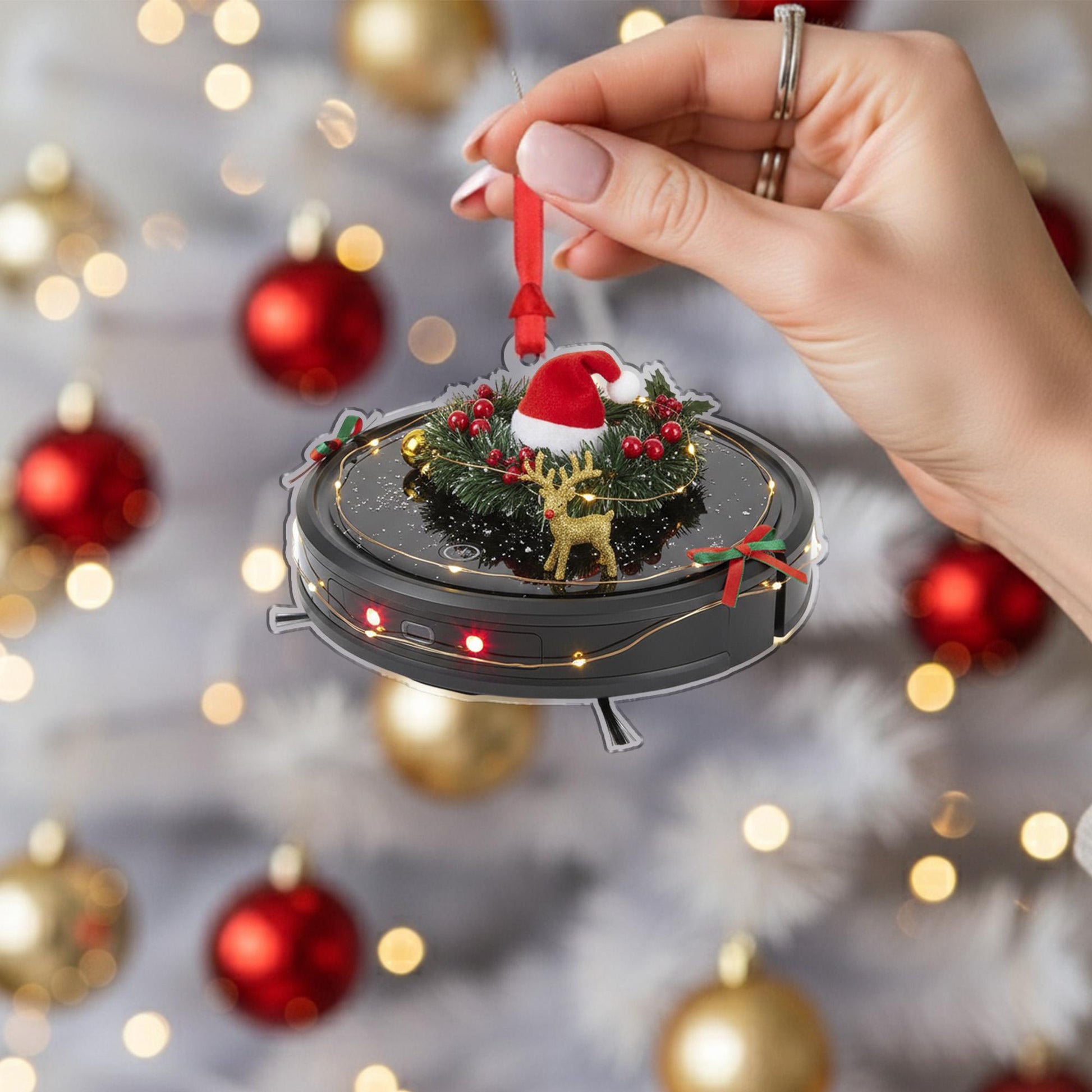 Robot Vacuum Christmas Ornament – Holiday Tree Decoration with Wreath and Santa Hat