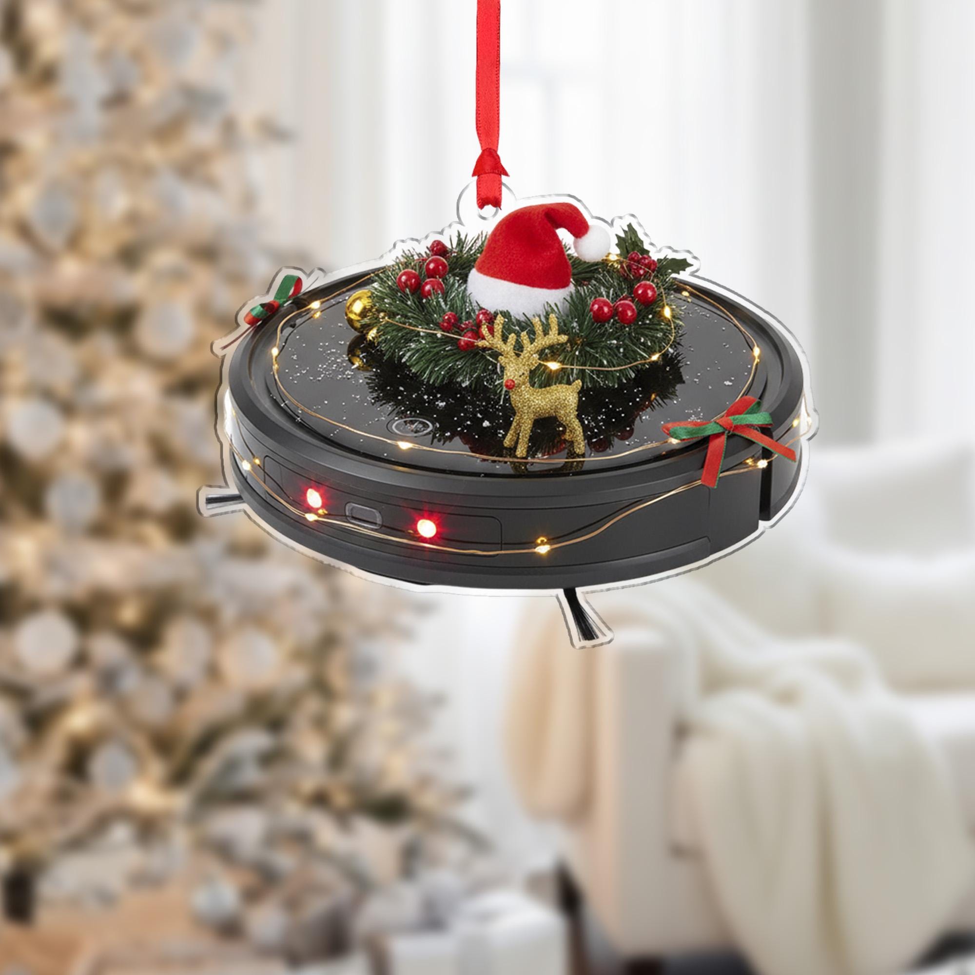 Robot Vacuum Christmas Ornament – Holiday Tree Decoration with Wreath and Santa Hat
