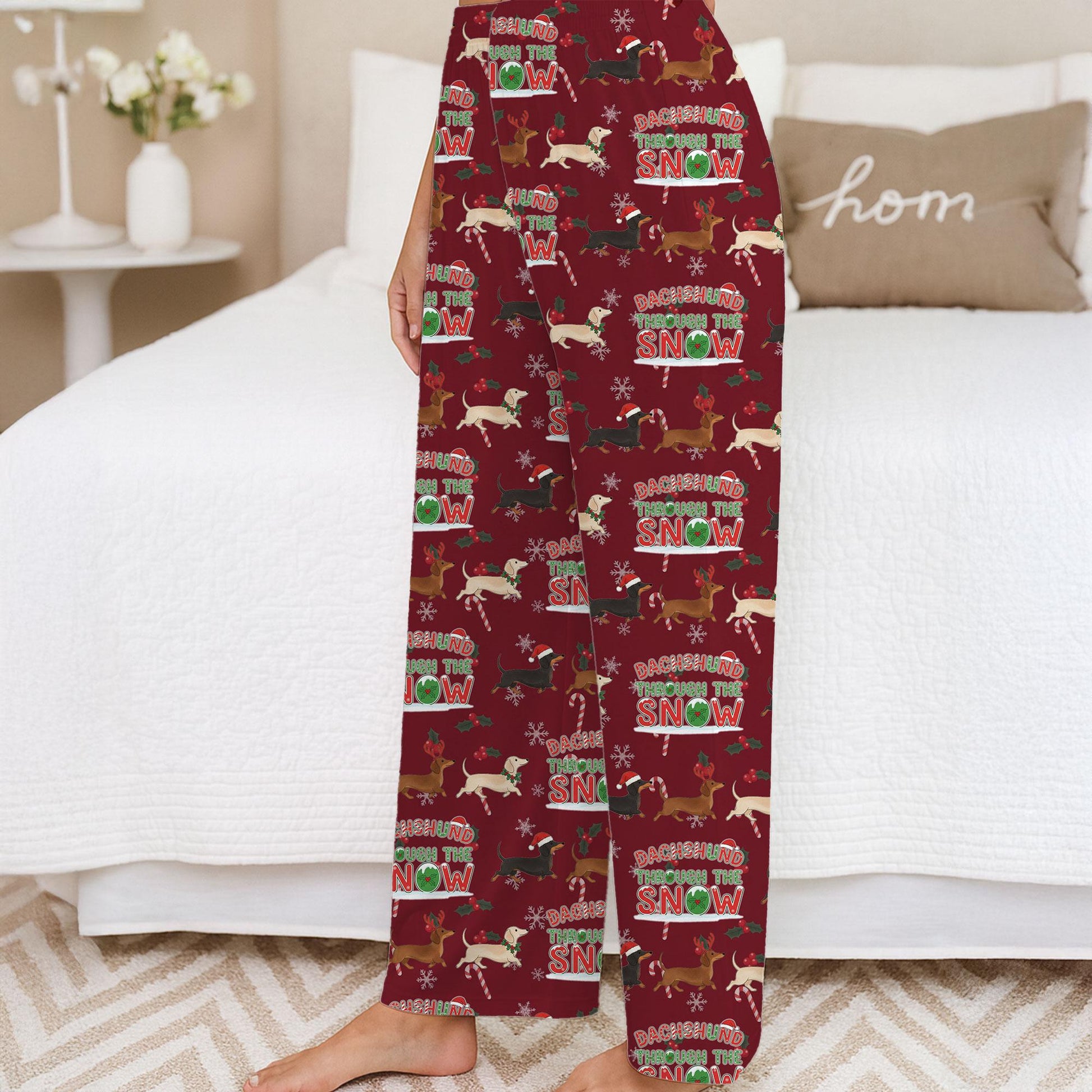 Christmas Pajama Pants: Dachshund Through the Snow Dog Pattern, Holiday Lounge Wear