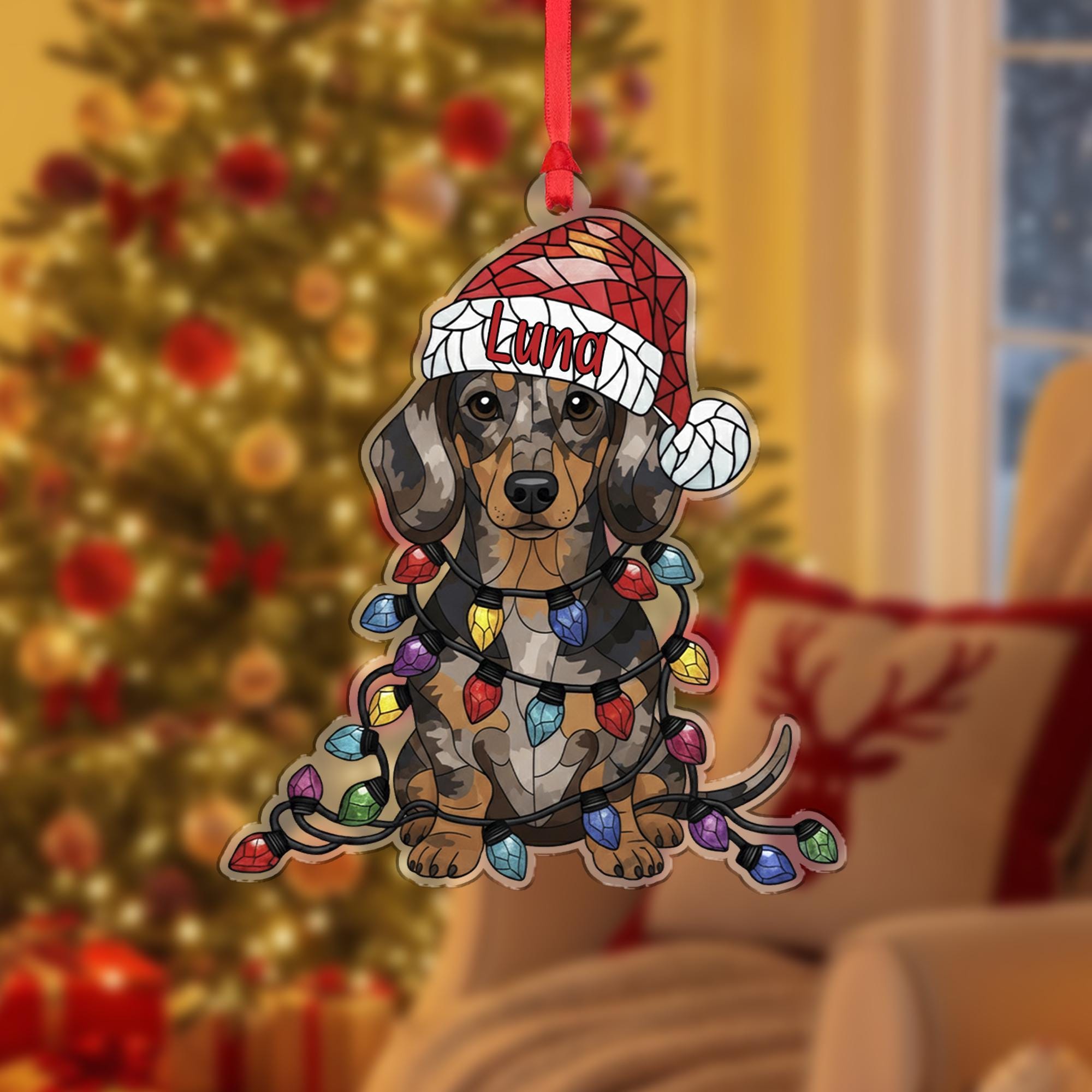 Dapple Dachshund Ornament – Personalized Dog Christmas Decoration with Santa Hat & Lights
