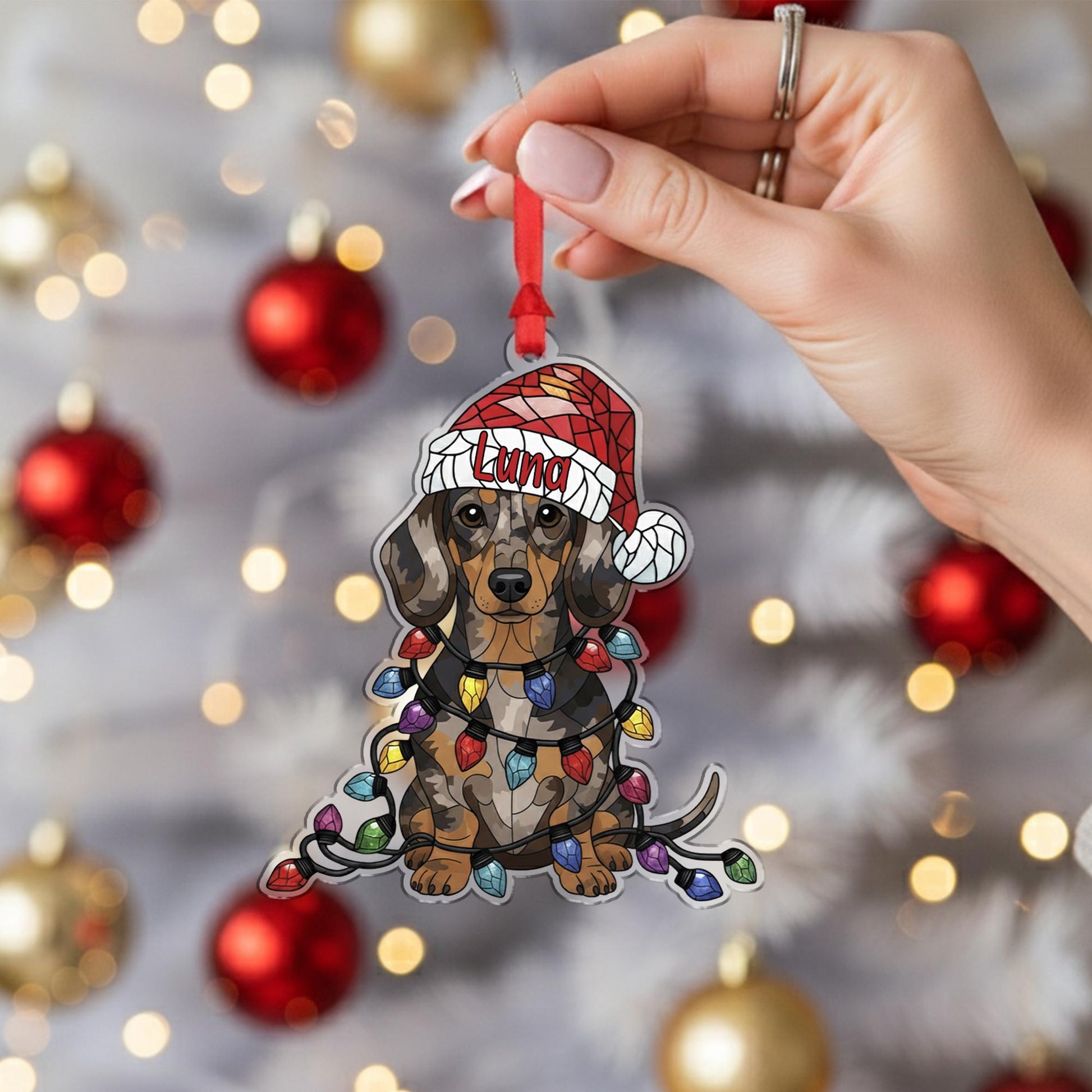Dapple Dachshund Ornament – Personalized Dog Christmas Decoration with Santa Hat & Lights