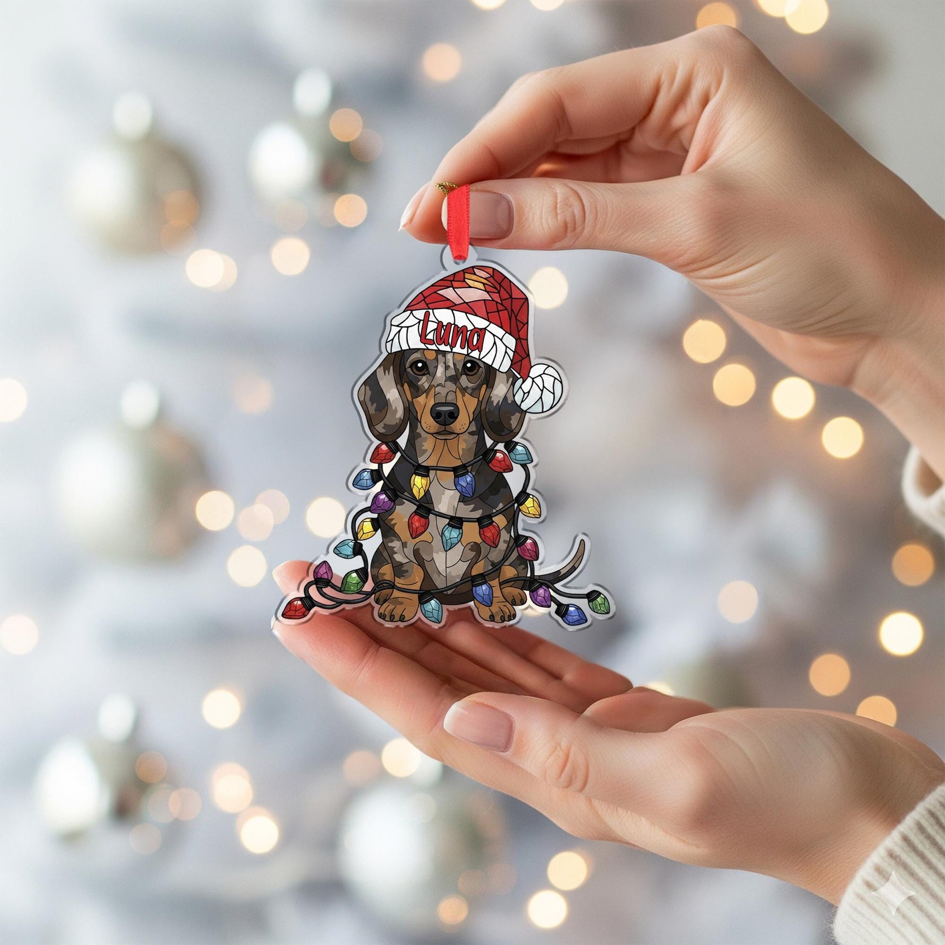 Dapple Dachshund Ornament – Personalized Dog Christmas Decoration with Santa Hat & Lights