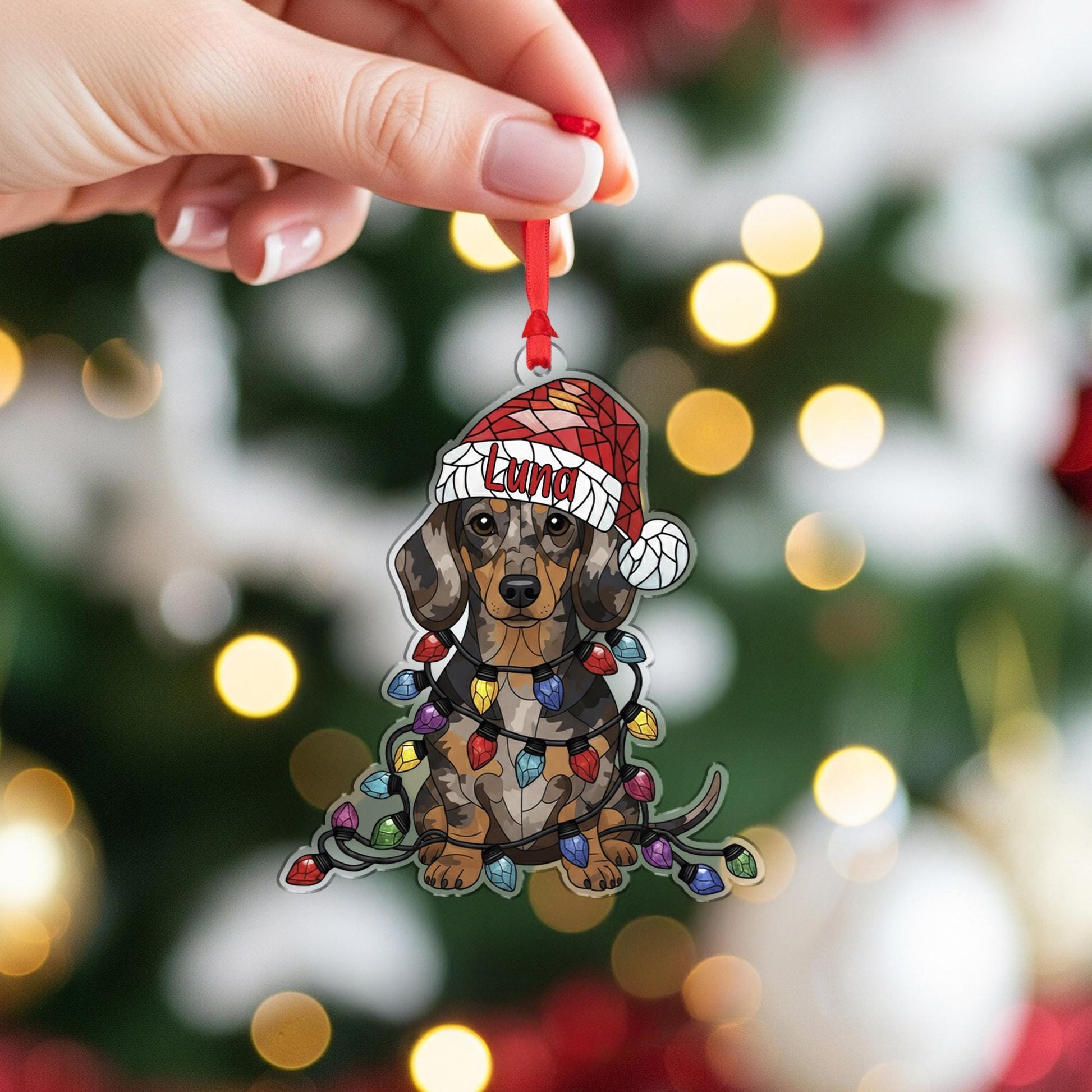 Dapple Dachshund Ornament – Personalized Dog Christmas Decoration with Santa Hat & Lights