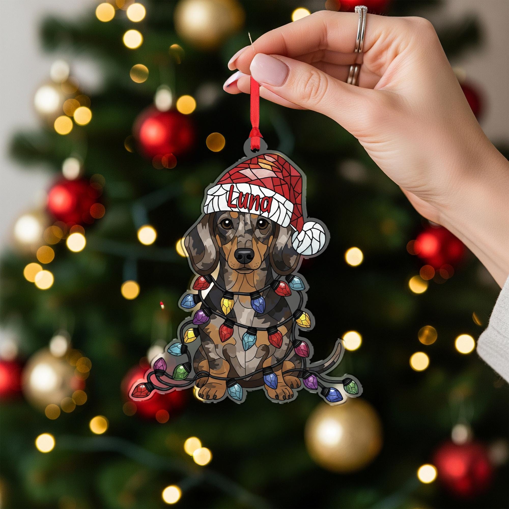 Dapple Dachshund Ornament – Personalized Dog Christmas Decoration with Santa Hat & Lights