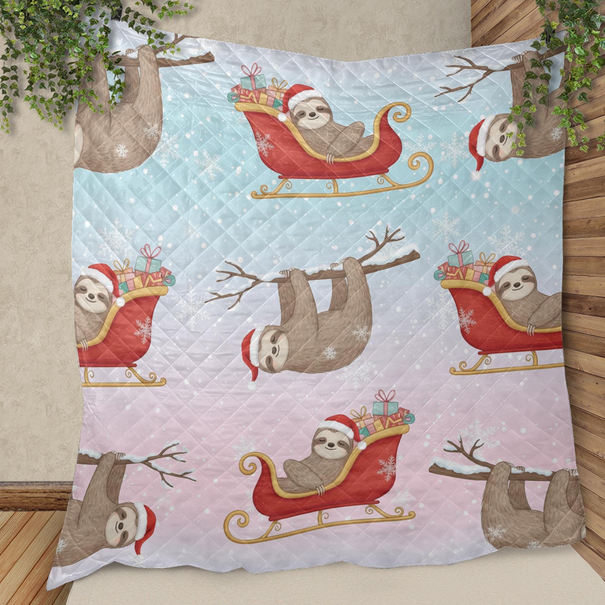 Sloth Christmas Quilt Blanket – Holiday Bedding with Santa Hat and Sleigh Pattern