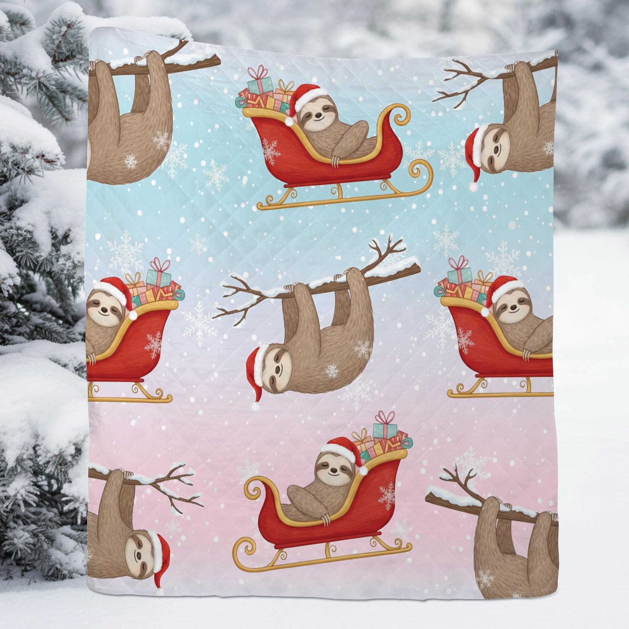 Sloth Christmas Quilt Blanket – Holiday Bedding with Santa Hat and Sleigh Pattern