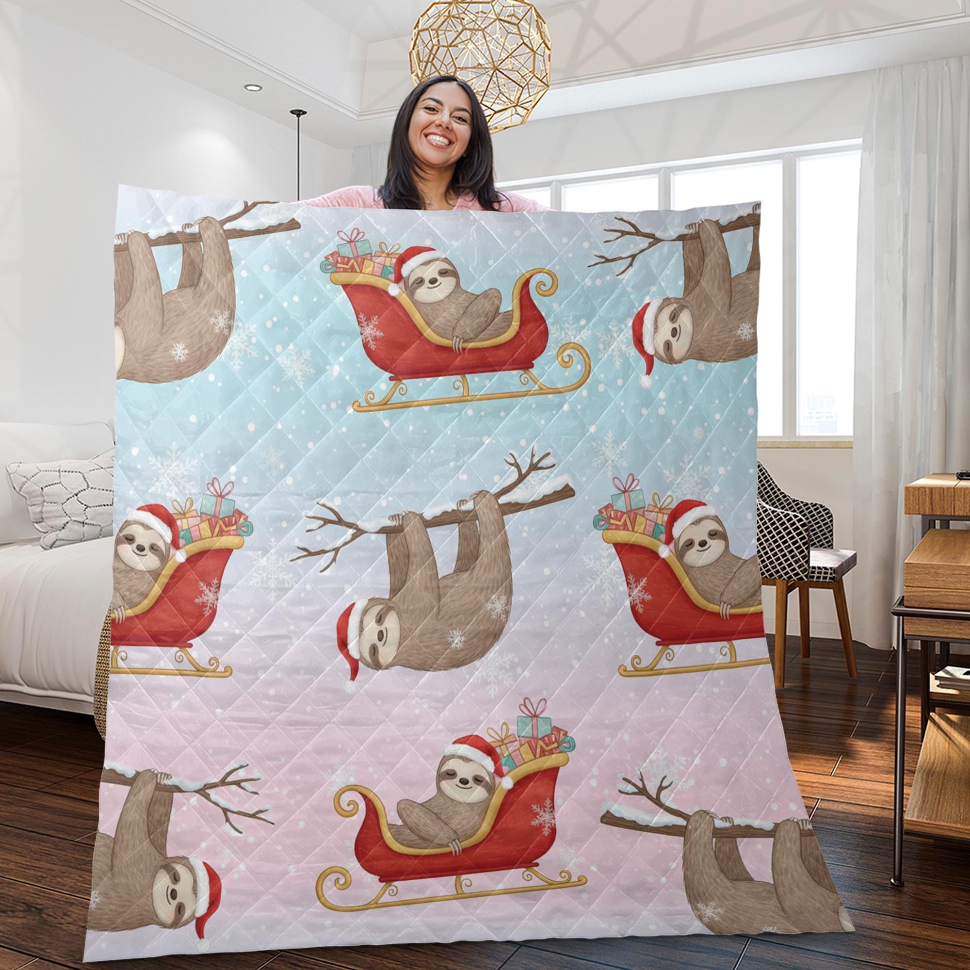 Sloth Christmas Quilt Blanket – Holiday Bedding with Santa Hat and Sleigh Pattern